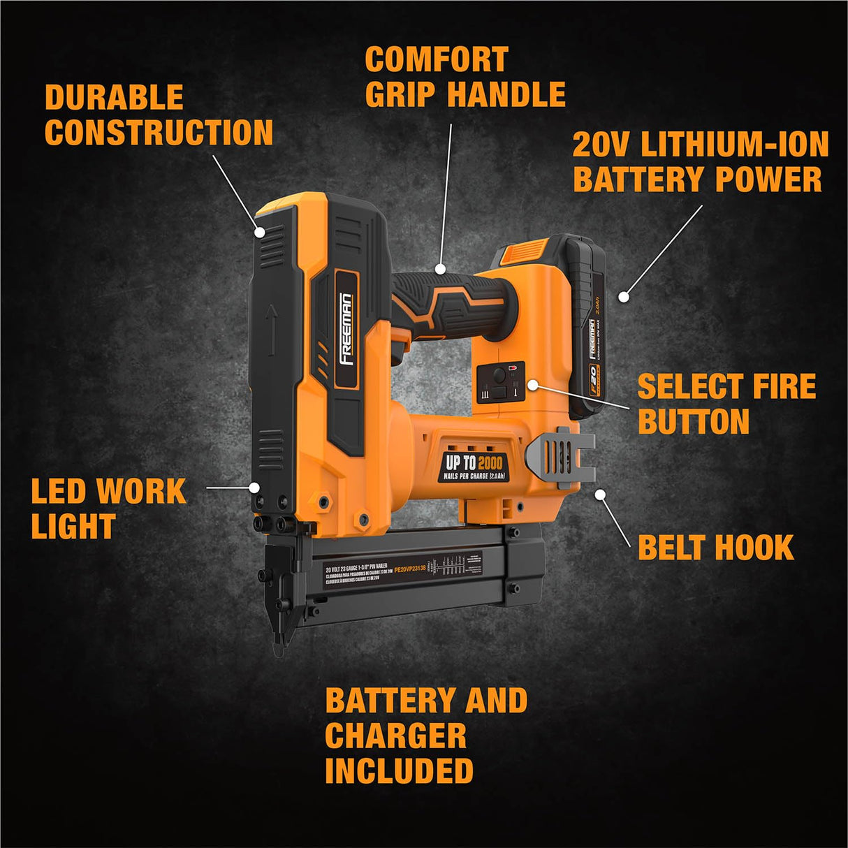 Freeman PE20VP23138 20 Volt Cordless 23-Gauge 1-3/8" Pin Nailer Kit with Lithium Ion Battery, Charger, Bag, and Nails (1000 Count) – 2000 Shots per Charge Freeman