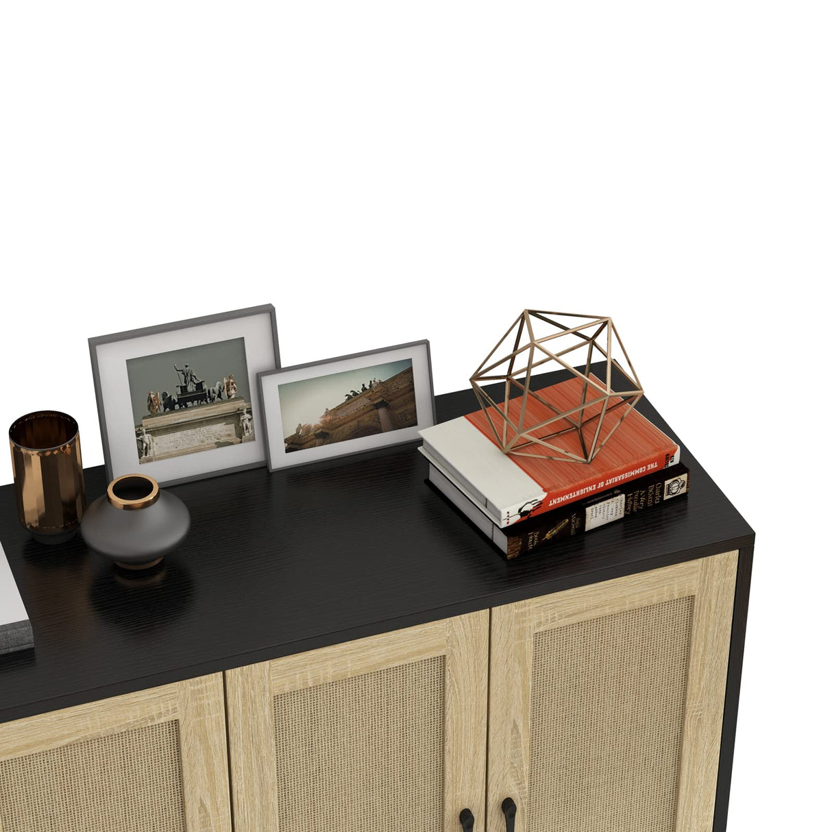 Panana Buffet Storage Cabinet with Rattan Decorating 4 Doors Living Room Kitchen Sideboard 48.43 x 34.65 x 15 inch (Black) Panana