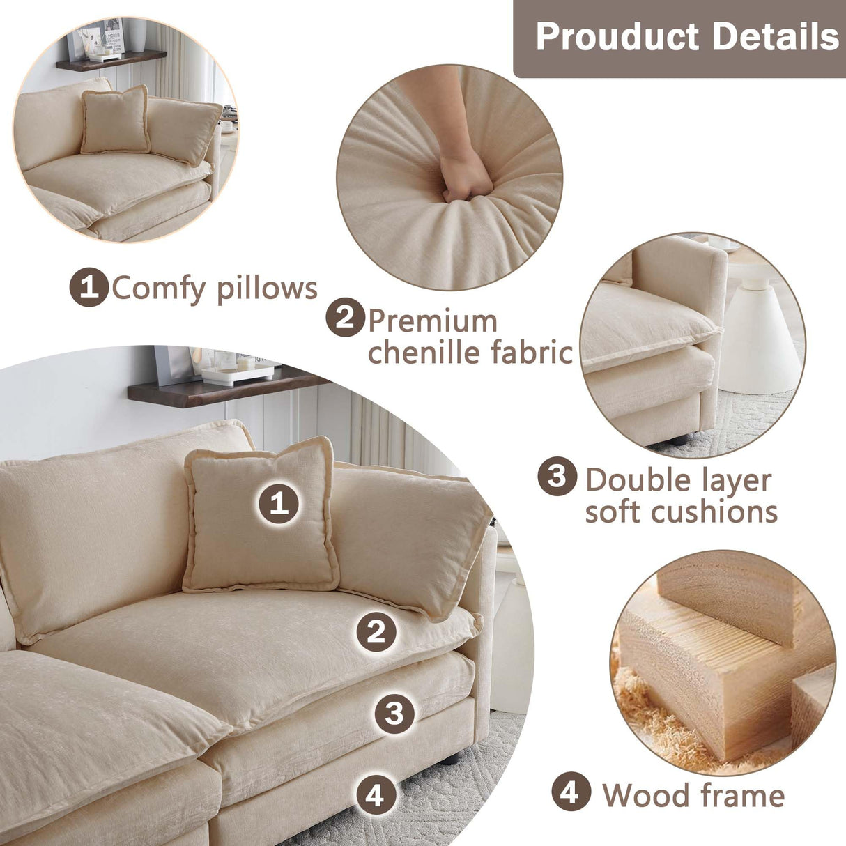 Modular Sectional Sofa, 111.53" L Shaped Chenille Comfy Sectional Couches for Living Room, 3-Seater Cloud Couches with Movable Ottomans, Flexible Combination Modern Deep Seat Sofa (Light Coffee) Ravy Concept