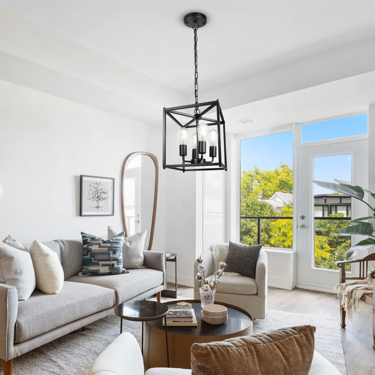 Unicozin 4-Light Black Farmhouse Chandelier, Iron Lantern Pendant Light Rustic Cage Adjustable Height, E26 Base Industrial Hanging Lights for Kitchen Island Dining Room Hallway Foyer Entryway Unicozin