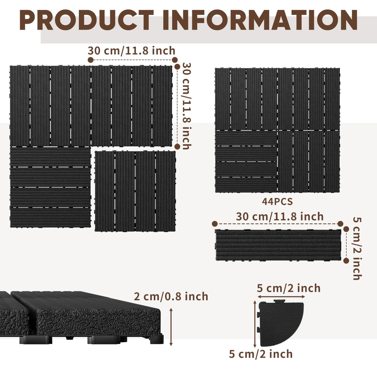 GOOFCXO 44 PCS Interlocking Deck Tiles, 12"x12" Plastic Outdoor Patio Flooring Boards 44 Sq.Ft. All Weather Use Patio Floor Decking Tiles Waterproof Non-Slip for Pool Porch Balcony Backyard GOOFCXO