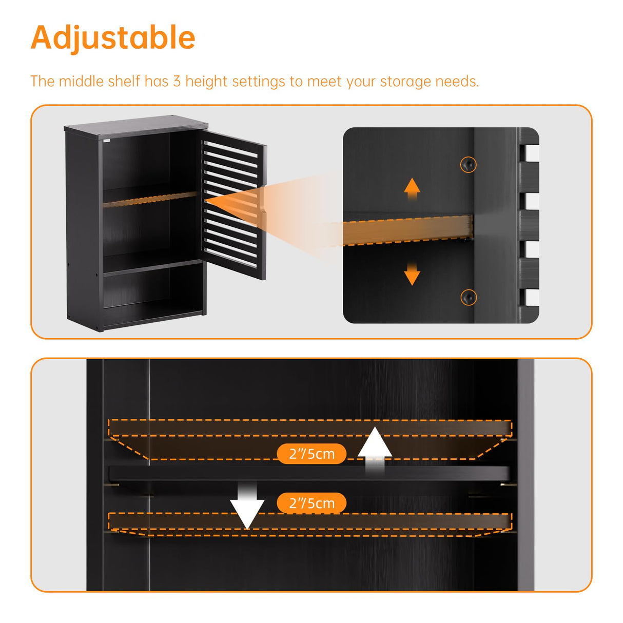 HITNET Bathroom Storage Cabinet Wall Mounted, Hanging Medicine Cabinet with Adjustable Shelf, Over The Toilet Space Saver Organizer, Black Bamboo Kitchen Cupboard, Single Door HITNET