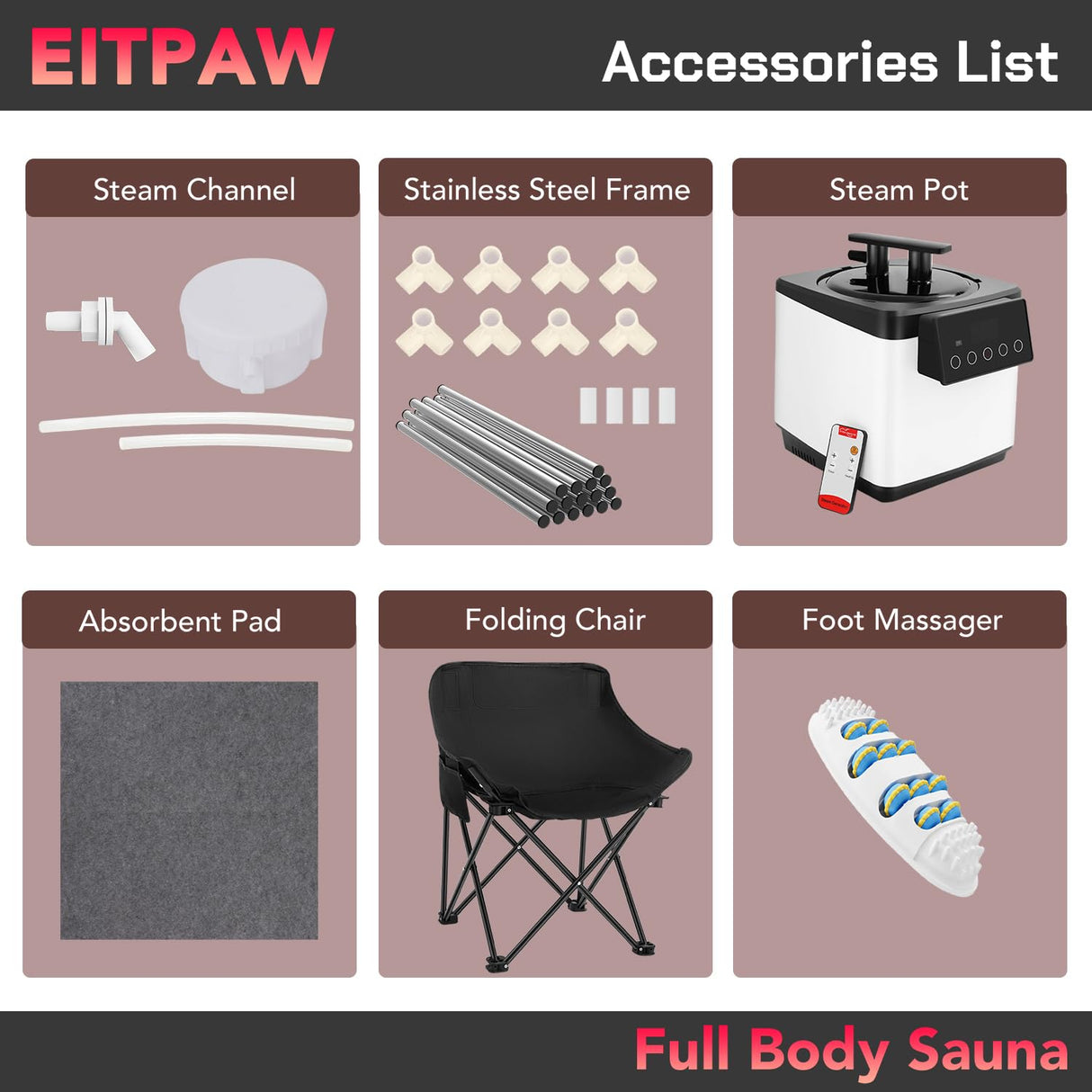Sauna, Portable Steam Sauna, Full Size Sauna Tent for Home, Personal Sauna with 2.6L & 1000W Steamer, RGB LED Light, Remote Control, Foldable Chair, Foot Massager Roller, Mat, Suitable for Gym, Yoga Eitpaw