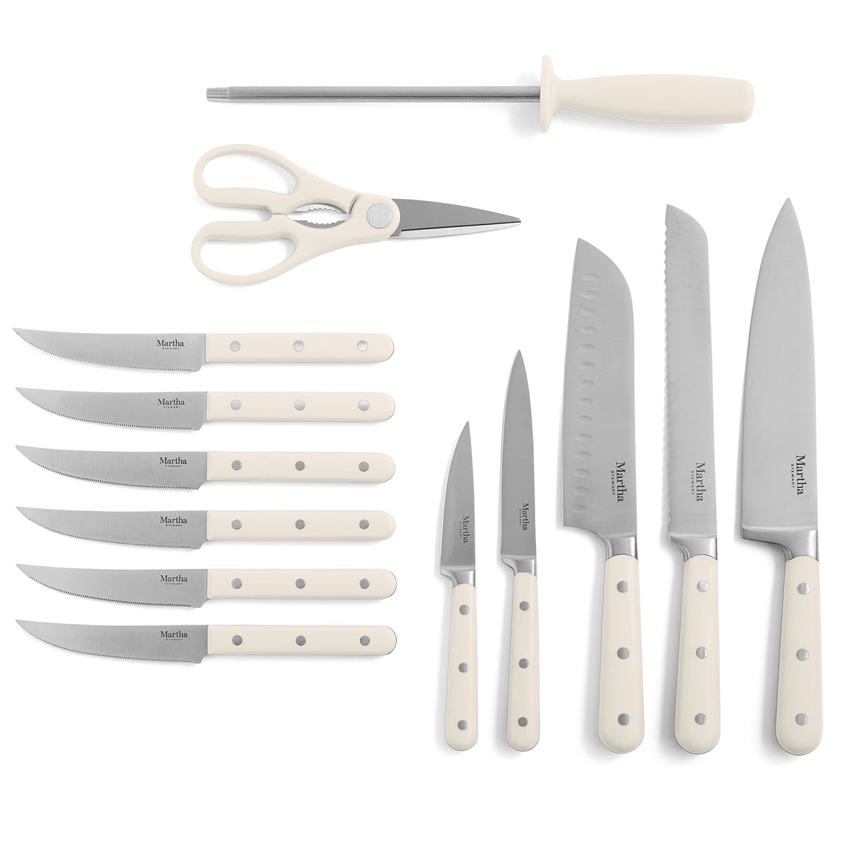 MARTHA STEWART Eastwalk 14 Piece High Carbon Stainless Steel Cutlery Kitchen Knife Block Set w/ABS Triple Riveted Forged Handle Acacia Wood Block - Linen White Martha Stewart