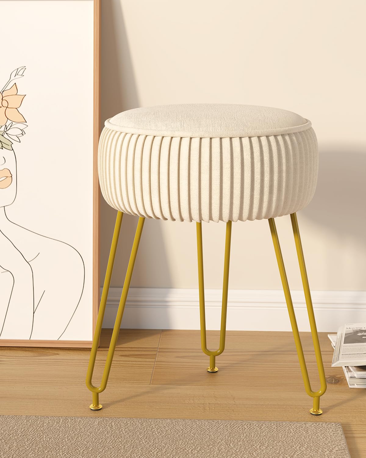 IBUYKE Velvet Round Footrest Stool Ottoman, Makeup Vanity Stool Side Table, Velvet Dressing Table Seat, Pouf Couch Stool, Golden Steel Legs, Creamy-White LG-30M IBUYKE