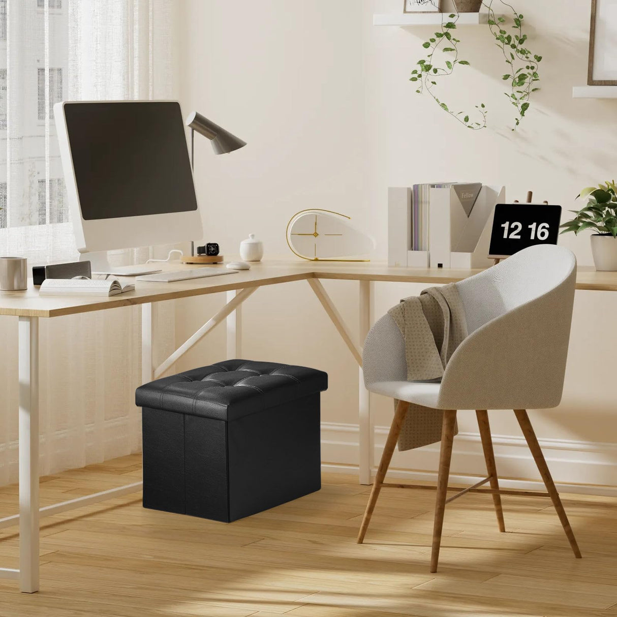 Bsketa Storage Ottoman, Folding Foot Stool with Thicker Foam Padded Seat Small Leather Storage Ottoman Bench Foot Rest for Living Room Foldable Coffee Table 17x13x13in,Black Bsketa