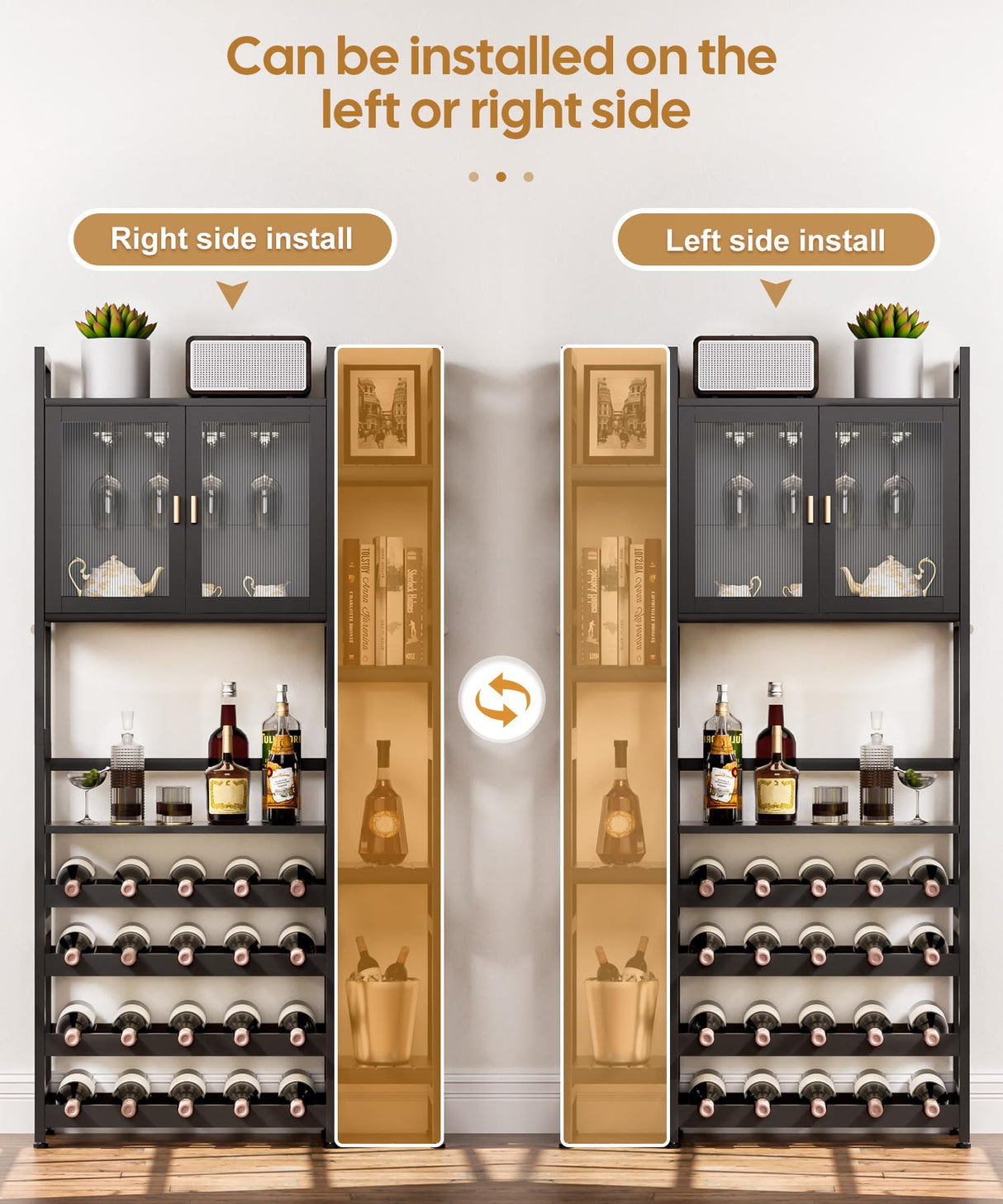 Cozivolife Wine Rack Freestanding Floor,Liquor Bottles Display Organizer with Doors Glass Holder,4 Tiers for Alcohol Accessories Storage and Side 4-Layer Shelves (Black) Cozivolife