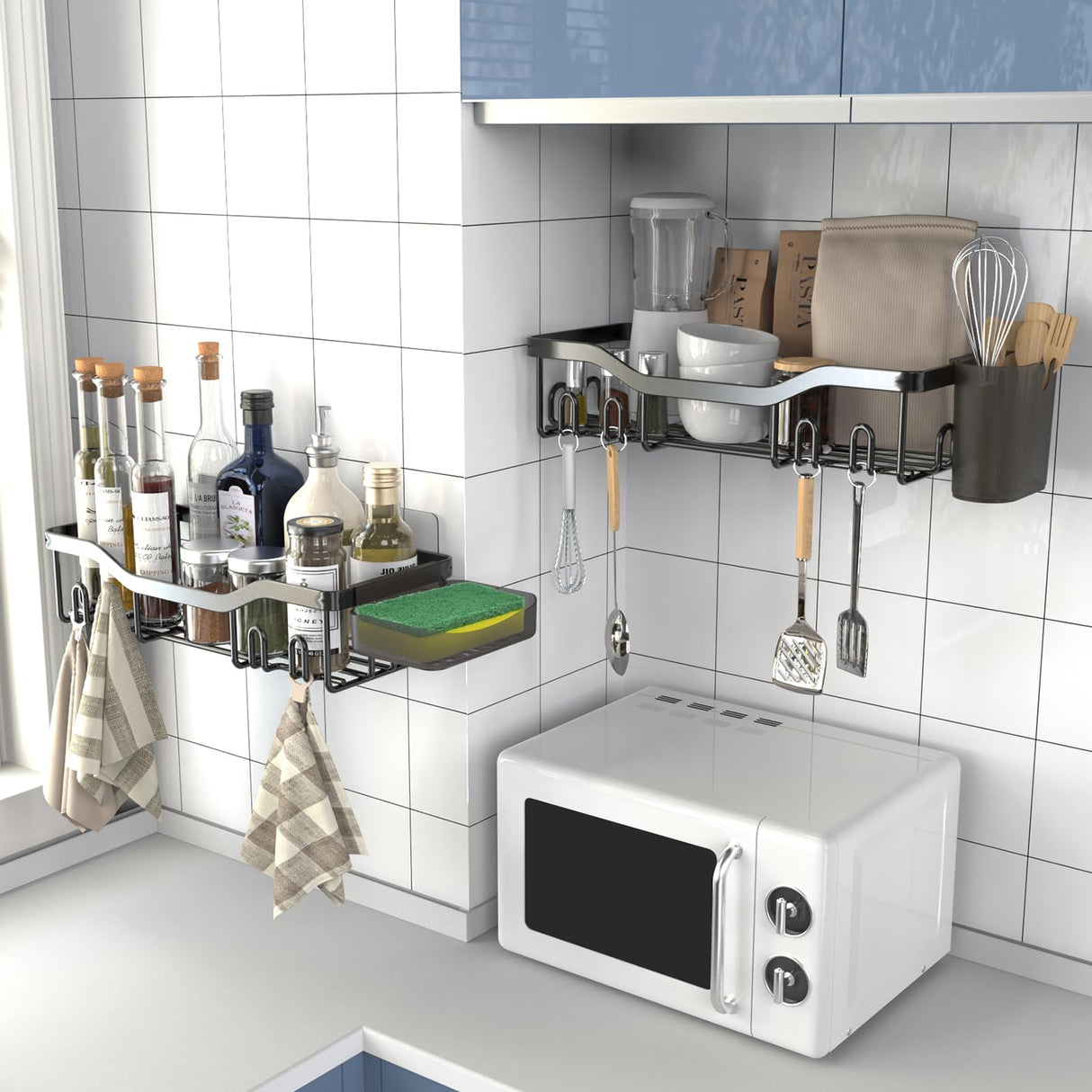 NESOMI Shower Caddy Adhesive Shower Organizer Rustproof Stainless Steel Bathroom Shelves, Large Capacity No-Drill Rack Storage Accessories with Soap Dish Toothbrush Holder & 16 Hooks Home Decor Black NESOMI