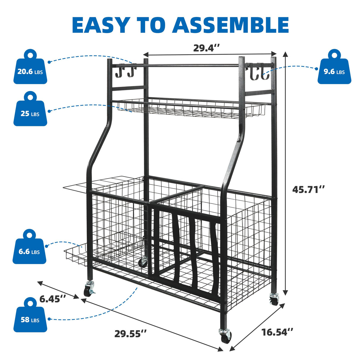 YOUNITA Garage Sports Equipment Organizer, Ball Storage Rack,Garage golf Organizer with Basket and Hooks,Rolling Sports Ball Storage Cart for Toy Gear Storage (45.71 inch) YOUNITA