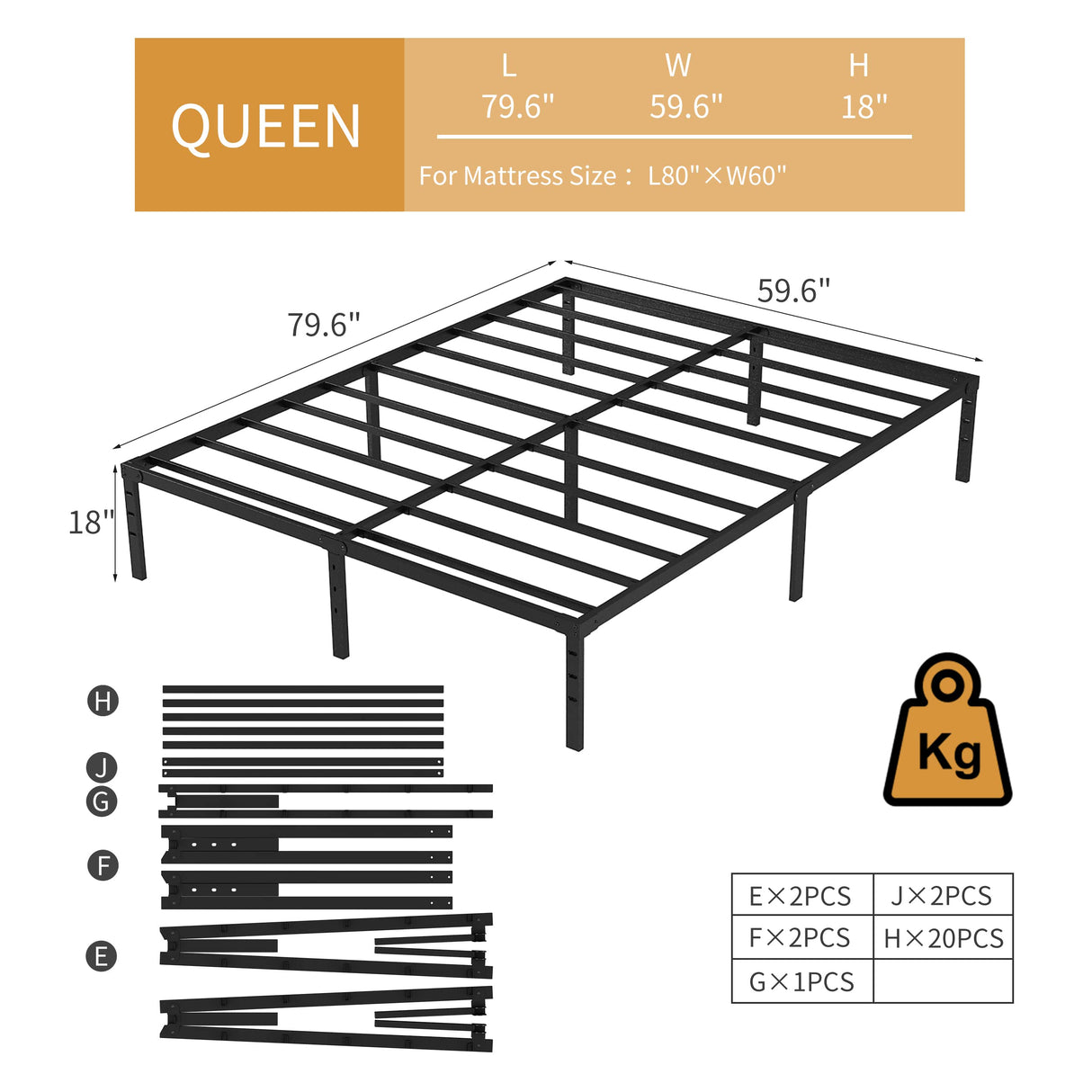 NEW JETO Sturdy Black Metal Queen Bed Frame with Spacious Under-Bed Storage NEW JETO