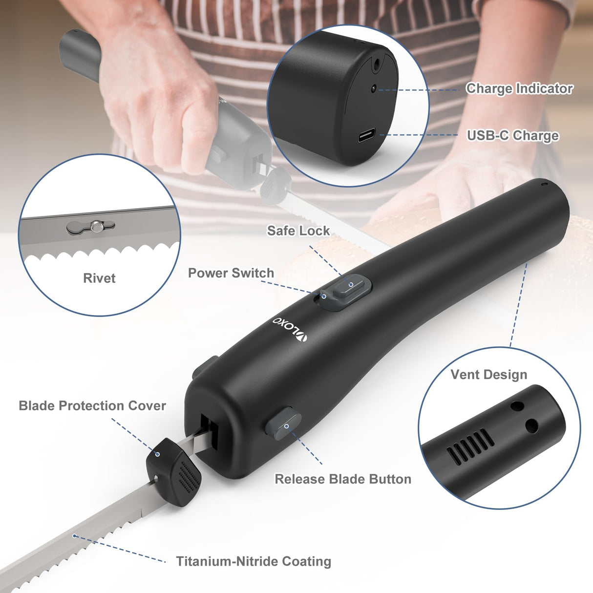 VLOXO Cordless Electric Knife, Electric Knives Rechargeable Bread Knife with Safety Lock Ergonomic Handle Electric Meat Knife for Carving Meat Bread Steak Fish Fillet Cheese Include 2 Blades VLOXO