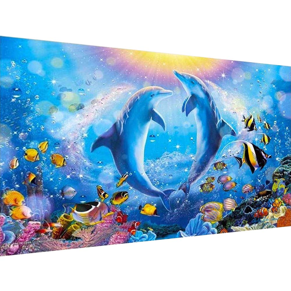 DIY 5D Diamond Painting Kits for Adults Dolphin Embroidery Full Round Drill Large Size(31.5x11.8 inch) Diamond Crystal Gem Arts Painting Craft for Home Wall Decor XWJJ
