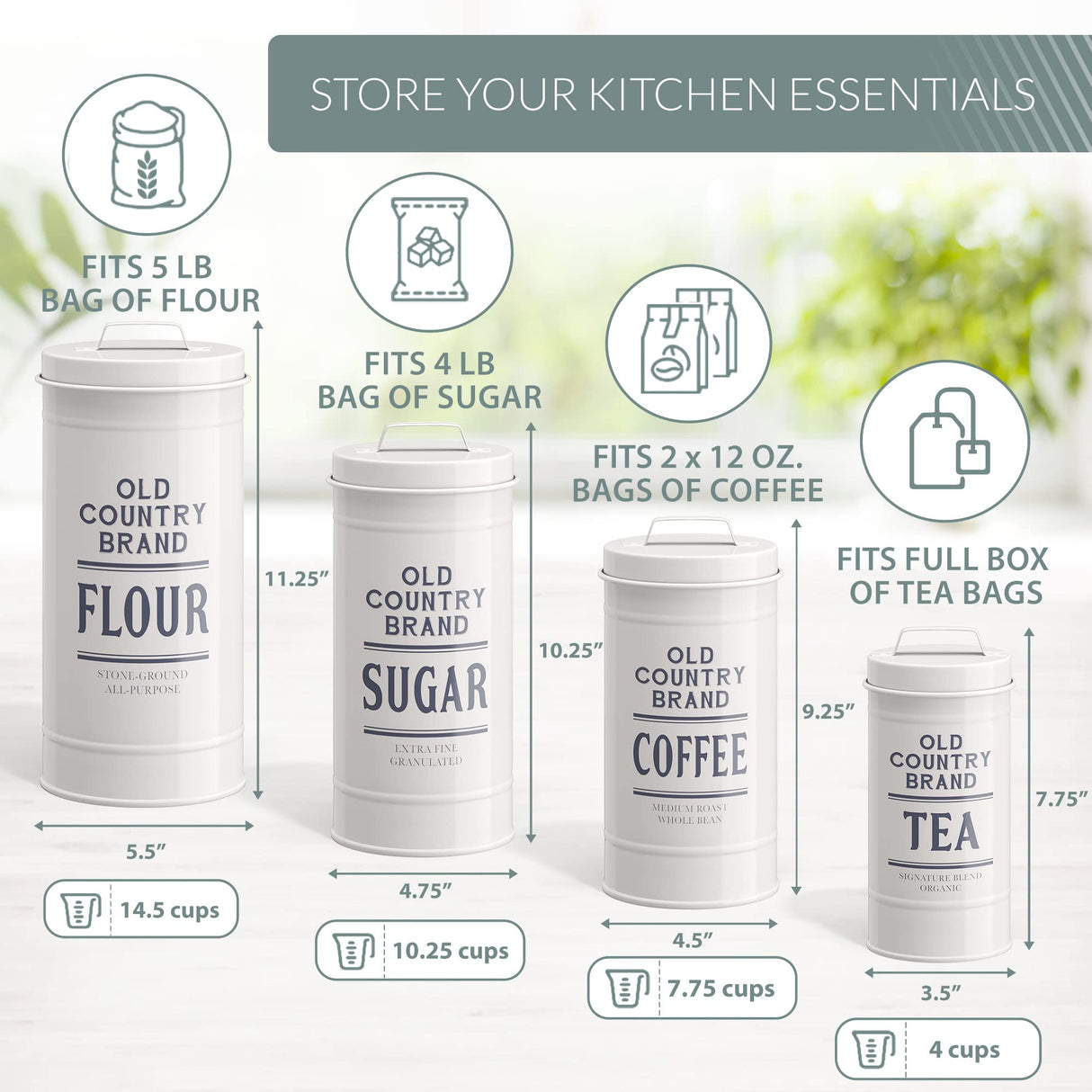 Barnyard Designs Canister Sets for Kitchen Counter, Farmhouse Canisters Sets for the Kitchen Countertop, Coffee Tea Sugar Flour Metal Containers with Lid (White) Barnyard Designs