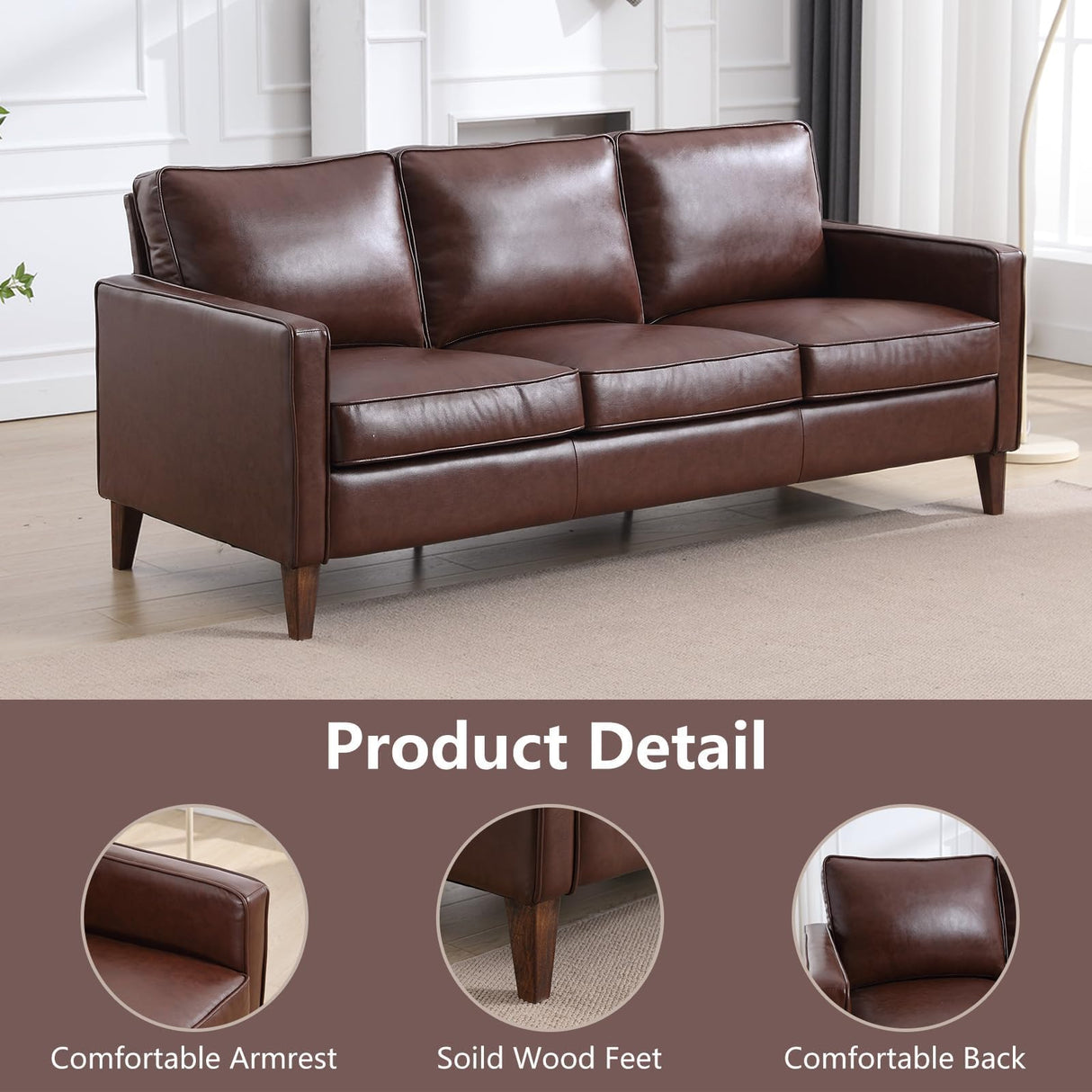 EBELLO 77” Mid Century Modern Sofa Couch, 3 Seater Faux Leather Couches for Living Room, Soft Padded Comfy Cushion, Small Sofa for Small Spaces, Bedroom, Apartment, Dark Brown EBELLO