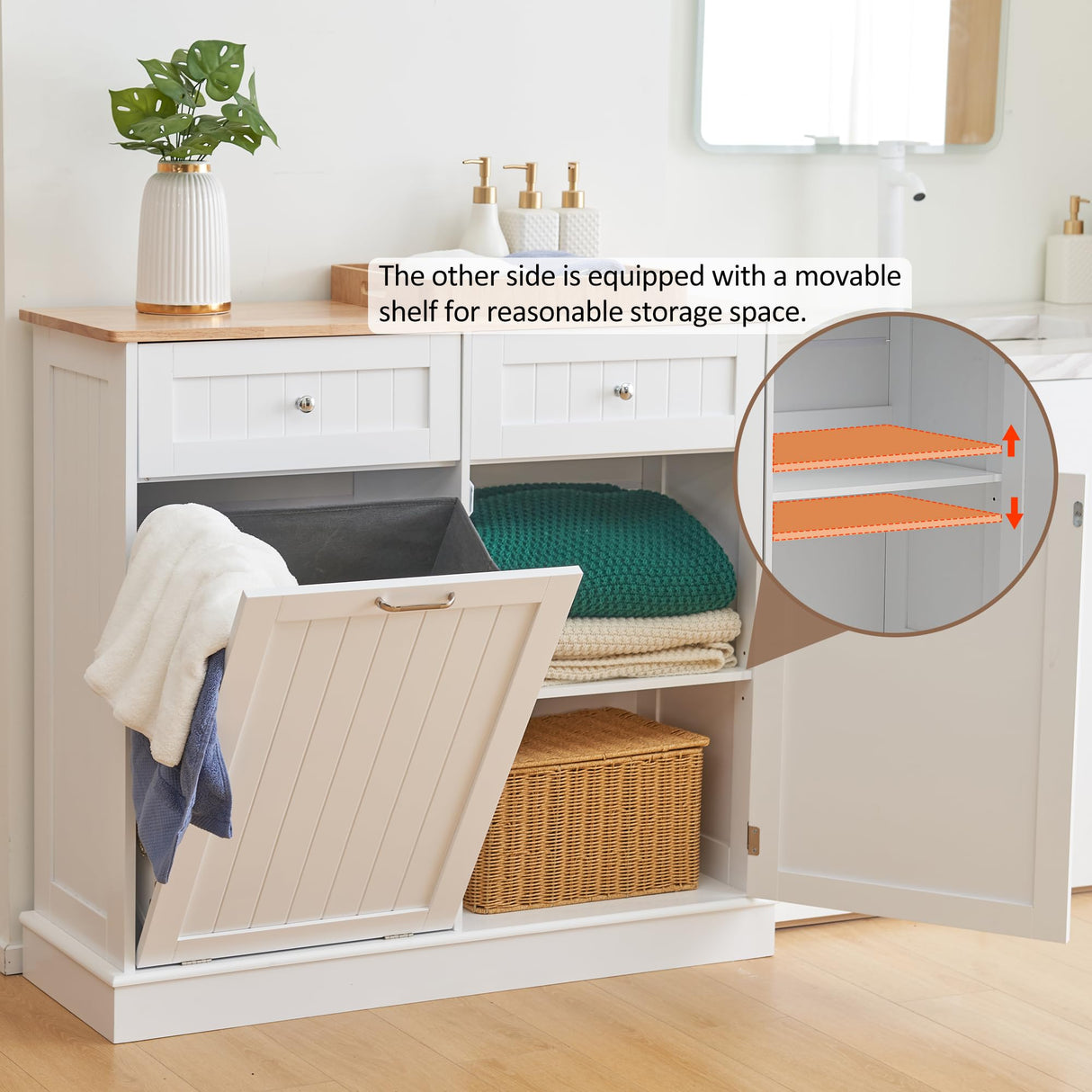 OUTGUAVA 13 Gallons Tilt Out Trash Cabinet Free Standing Recycling Trash Cabinet with Hideaway Drawers, Pet Proof Trash Can Cabinet for Kitchen Living Room (White) OUTGUAVA