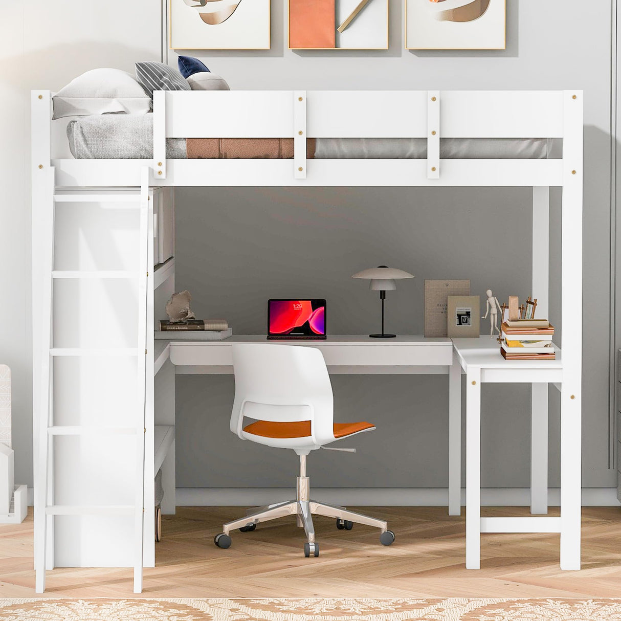 Merax White Full Loft Bed with Integrated Desk and Bookshelf – Space-Saving Solid Pine Design Merax