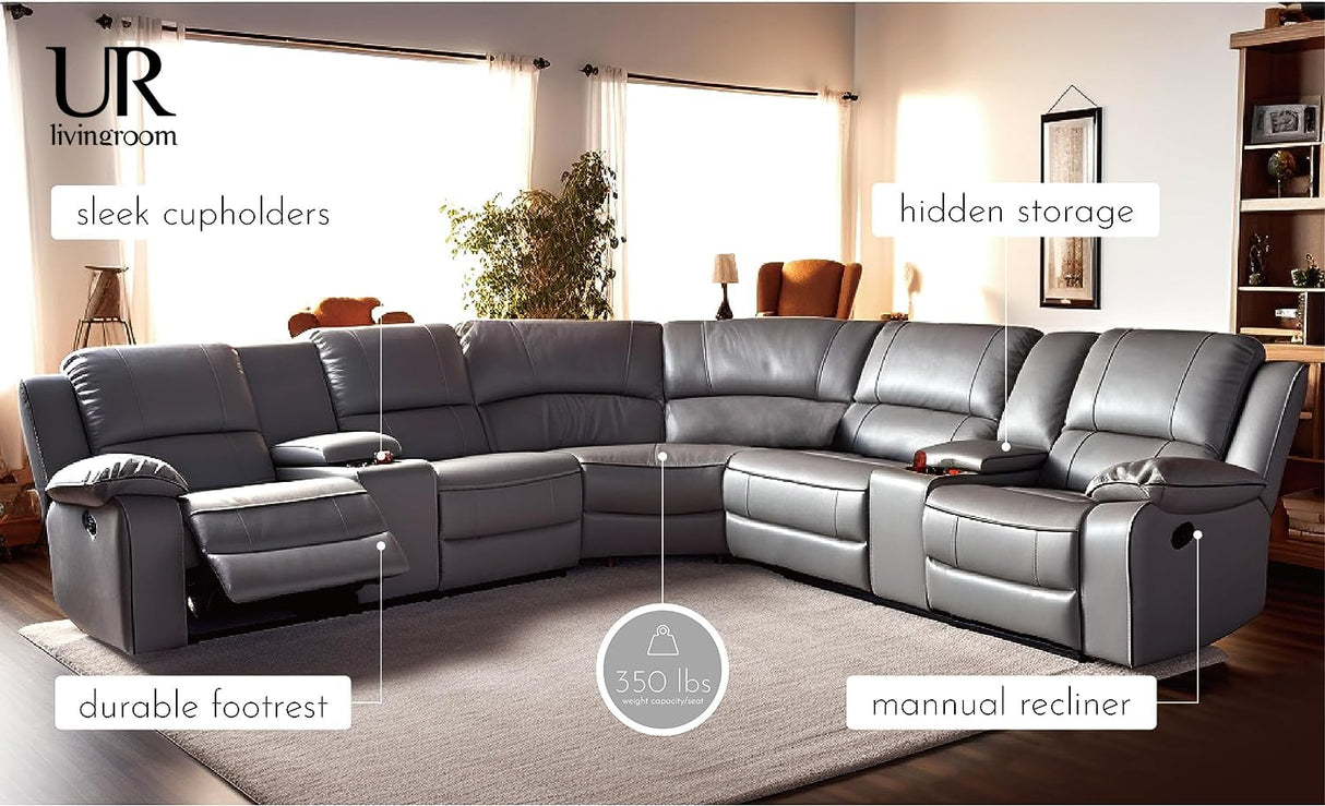 UR livingroom Modular Sectional Sofa PU Leather Manual Recliner Sofa Symmetrical Sectional Couches for Living Room Livingroom Furniture Sets, Grey UR livingroom