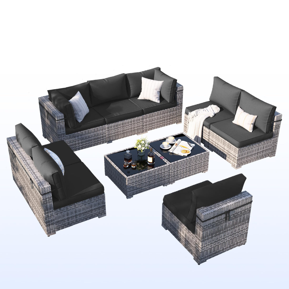 VONZOY Patio Furniture Set, 10-Piece Outdoor Sectional with Free Cover, All-Weather Wicker Patio Conversation Sets for Backyard (Grey with Black Cushion) VONZOY