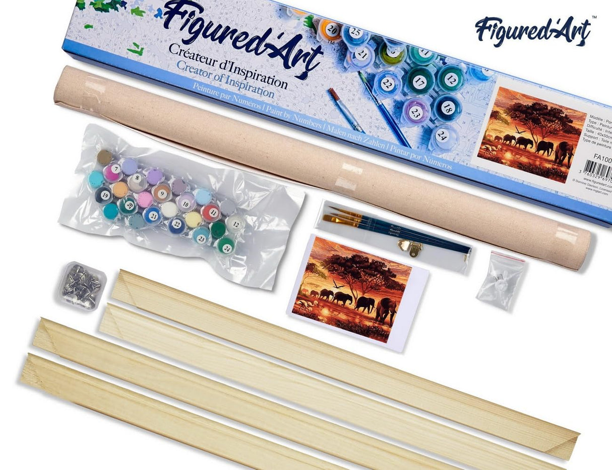Figured'Art Paint by Numbers Kit for Adults Elephants at Sunset 16"x20" - Craft Art Painting Rolled Canvas with DIY Wooden Frame Figured'Art