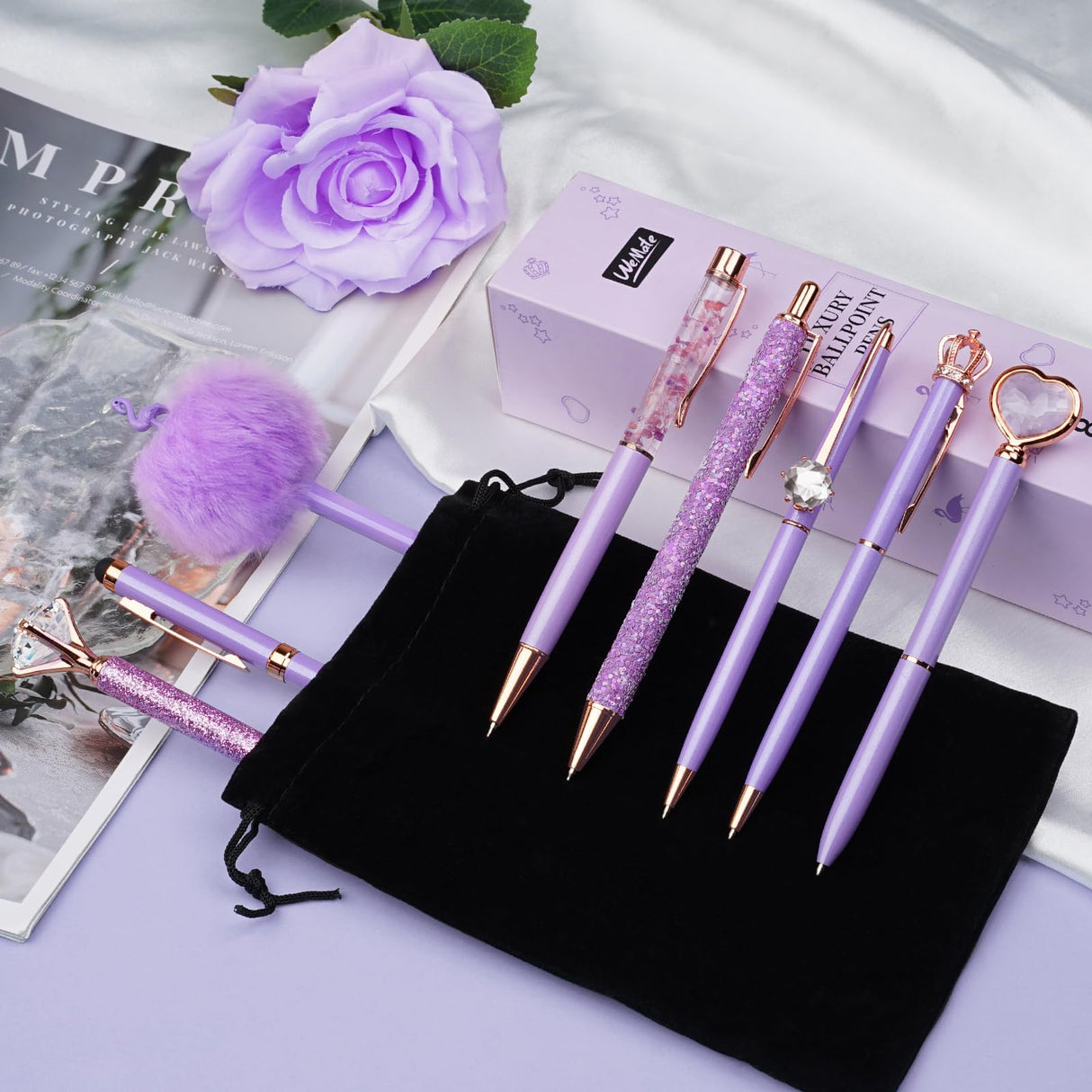 WEMATE 8Pcs Ballpoint Pens Set Metal Crystal Diamond Pen Glitter Pen for Journaling Purple Pens Bling in Black & Blue Ink Pretty Cute Pens Fancy Pens Gifts for Women Wedding School Office Desk(Purple) WEMATE