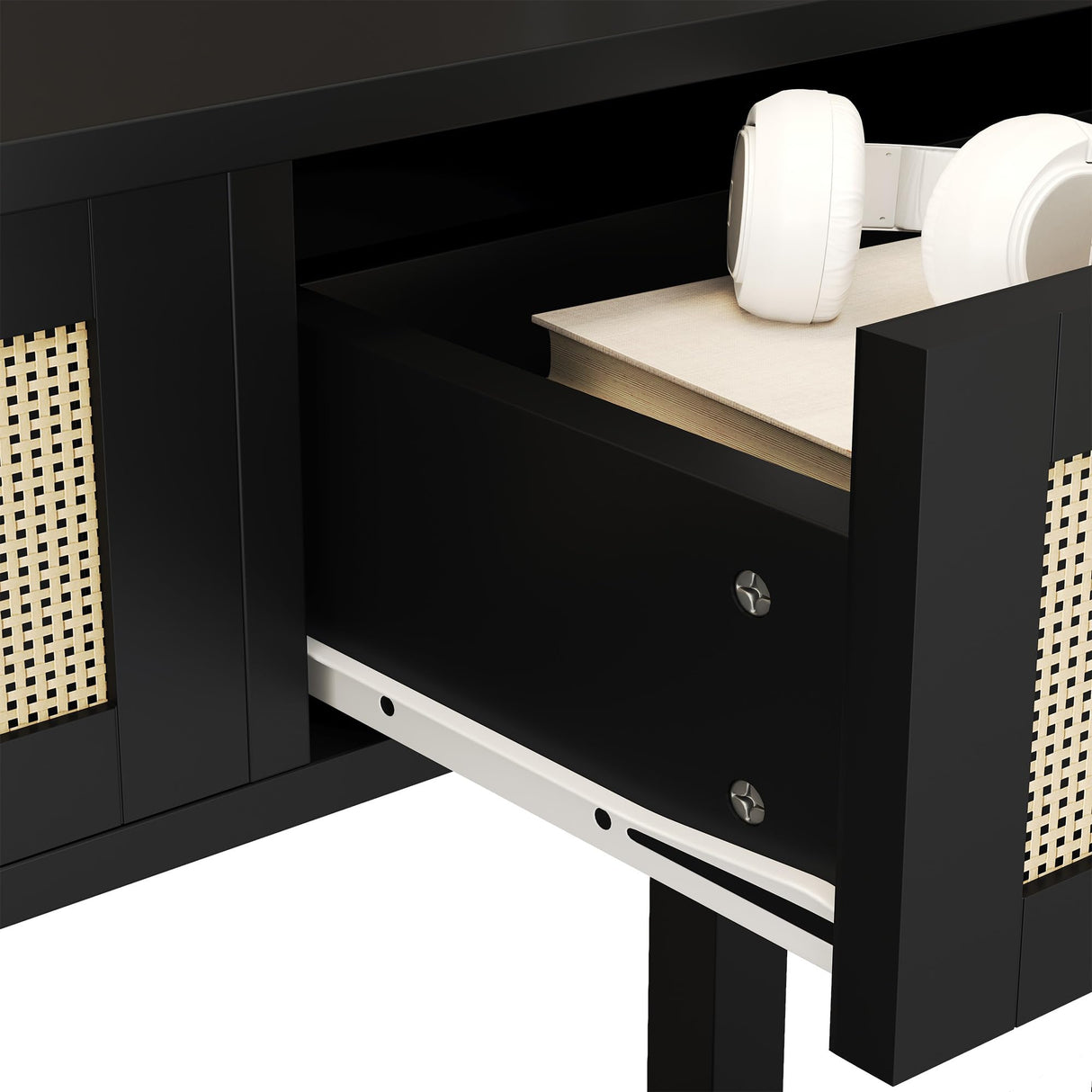 Luoxiao Rattan Console Table, Boho Entryway Table, Narrow Long Sofa Table, Hallway Foyer Table, Behind Couch Table with 3 Drawers and Open Storage Shelf for Living Room and Corridor, Black Luoxiao