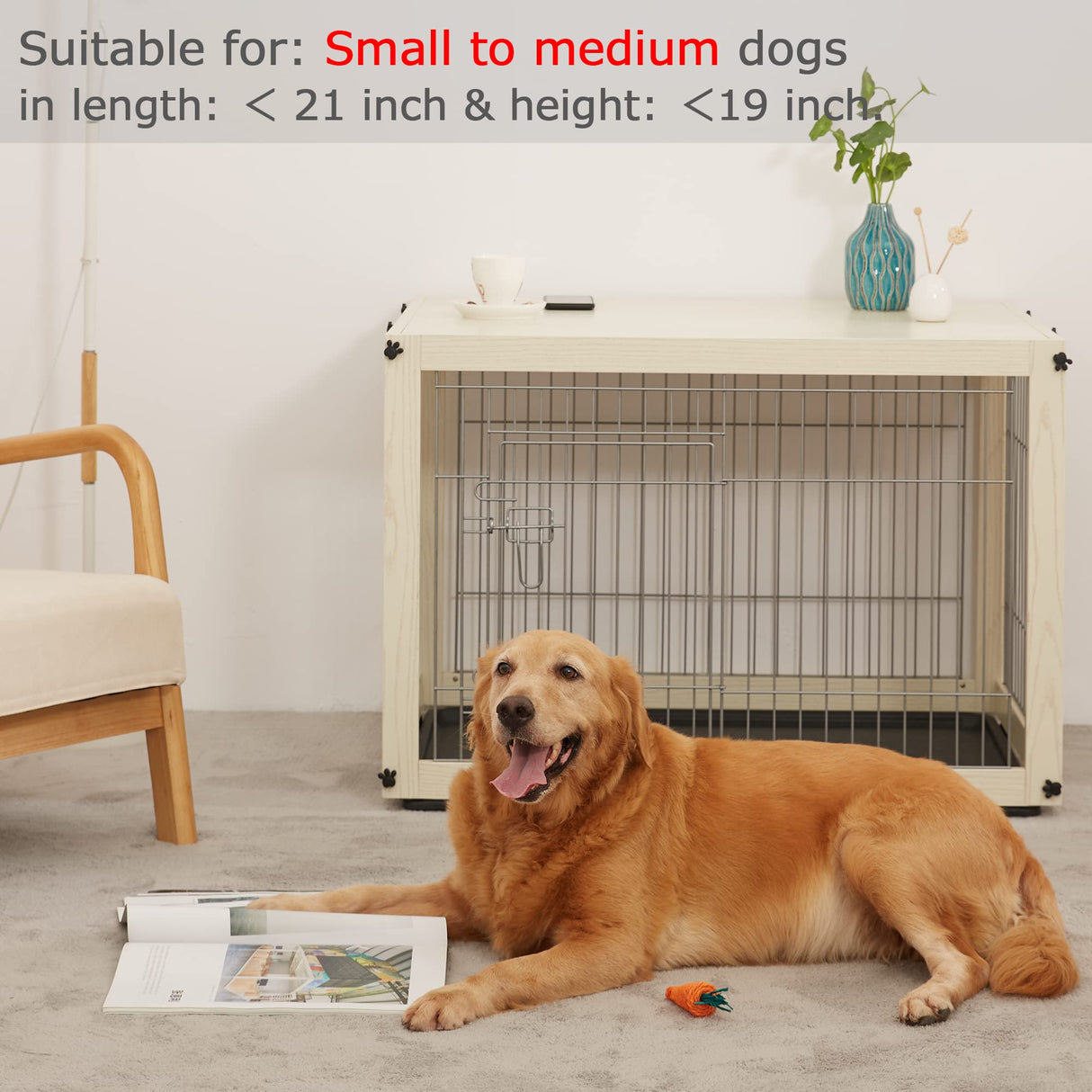 Dog Crate Furniture with Removable Top Cover, Wooden Crate with Tray, Dog Kennel Indoor for Medium/Large Dogs(White, 37.4" L*25.9W*25.8H) Furnipeture
