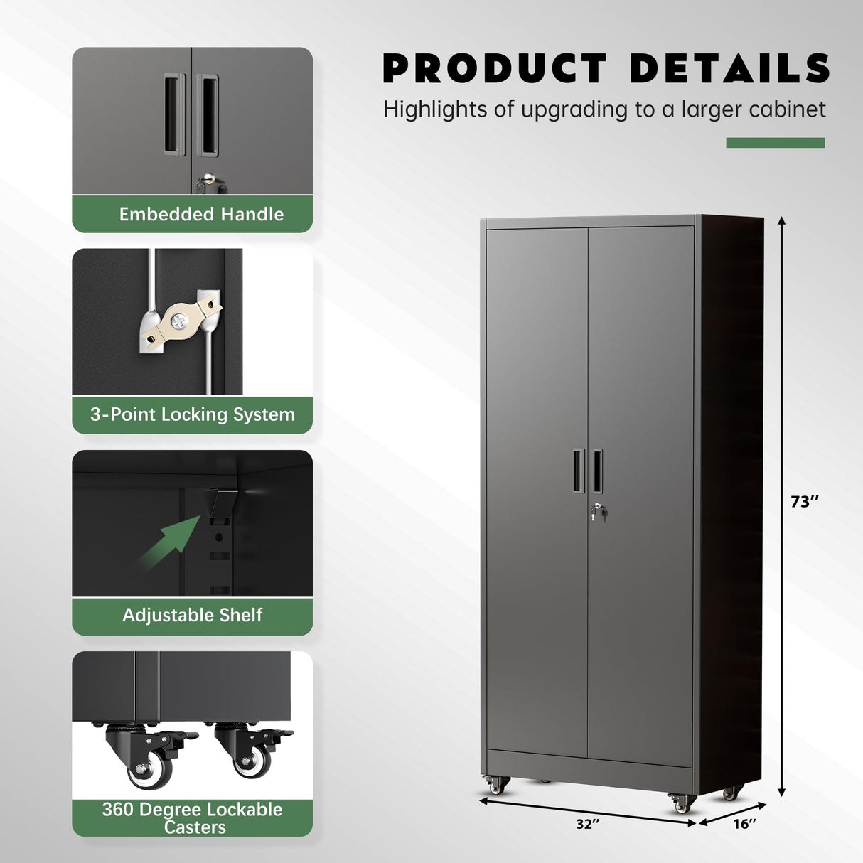 Greenvelly Metal Garage Storage Cabinet with Wheels, 73" Black Lockable Rolling Storage Cabinet with Doors and 4 Adjustable Shelves, Large Lockable Steel Cabinets for Garage, Office, Home, School Greenvelly