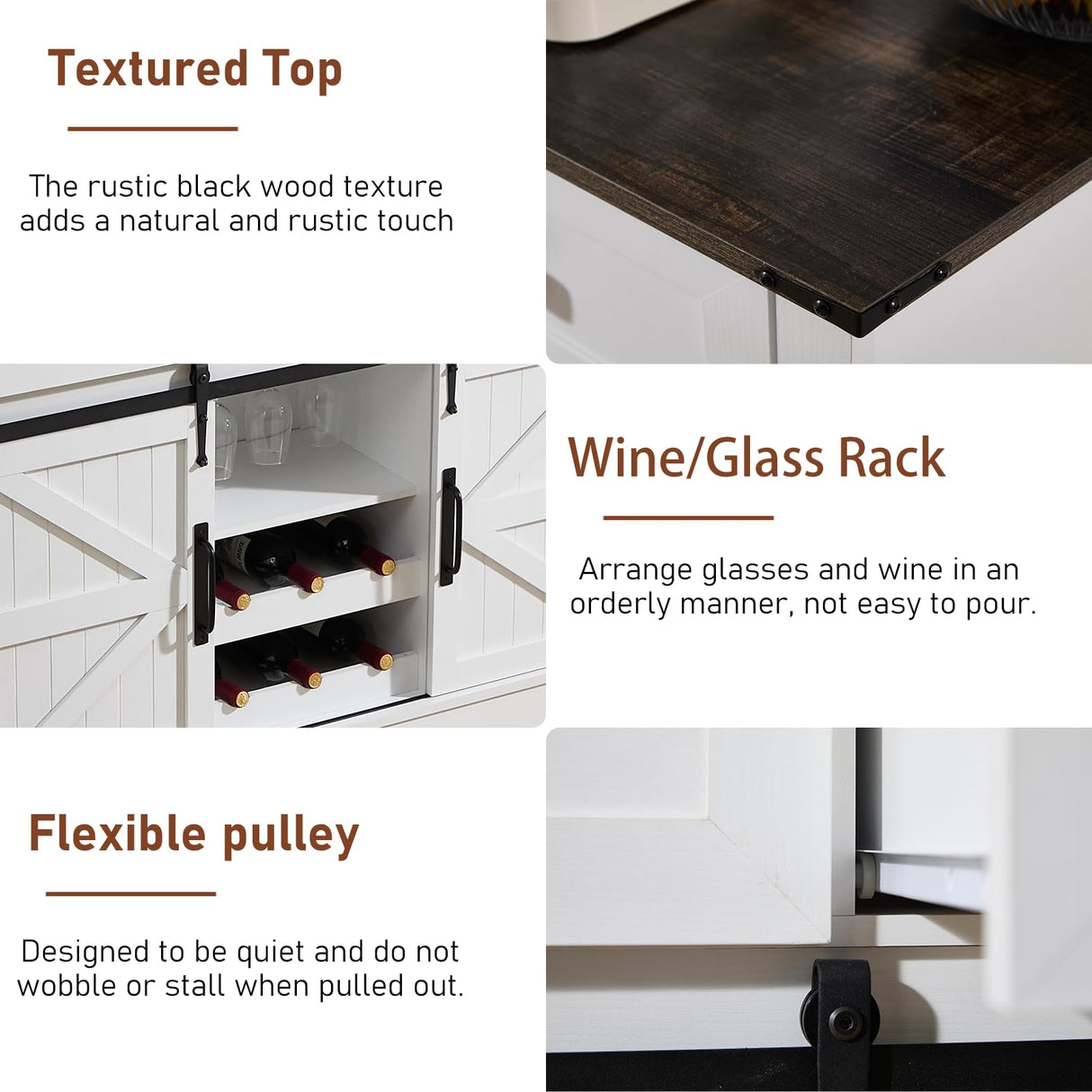 Kmax Farmhouse Wine Bar Cabinet w, 54” Buffet Cabinet with Storage, Rustic White Coffee Bar Cabinet with Sliding Barn Doors, Wine/Glass Rack & 3 Drawers for Living, Dining Room, Black Top Kmax