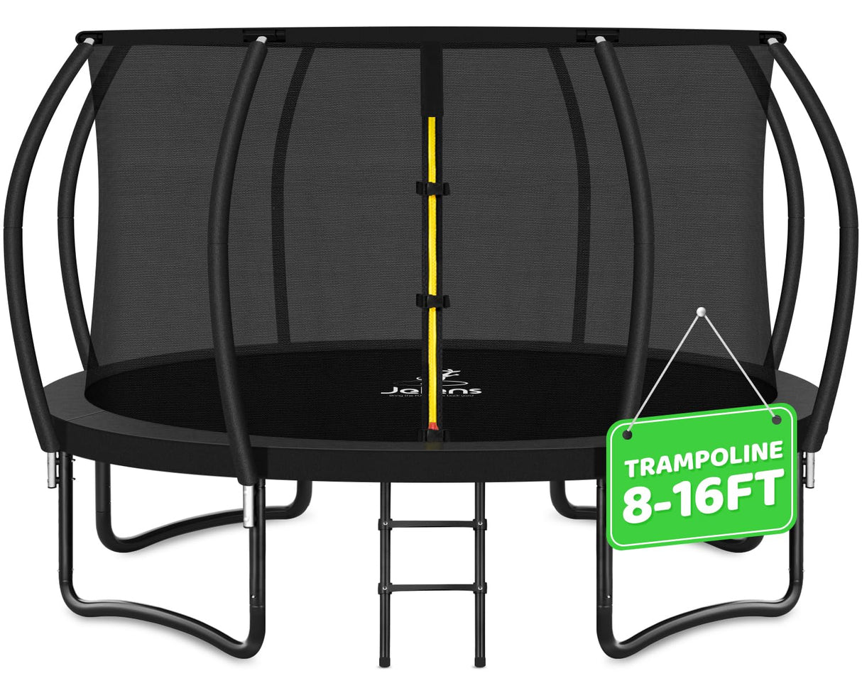 JELENS Trampoline 8FT 10FT 12FT 14FT 16FT, Recreational Trampolines with Enclosure Net and Ladder, Outdoor Anti-Rust Trampolines for Kids and Adults, ASTM (Black, 12FT) JELENS