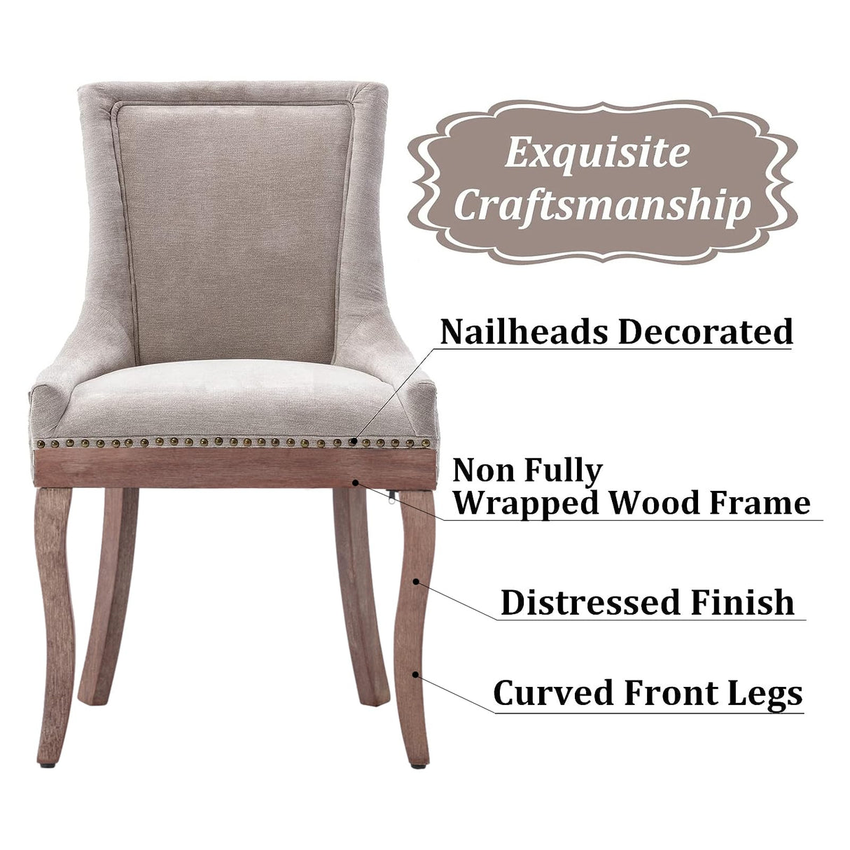 Aoowow Fabric Vintage Upholstered Side Chairs Set of 6, Farmhouse Solid Wood Kitchen Dining Room Chairs with Nailheads Legs (Fabric Beige) Aoowow