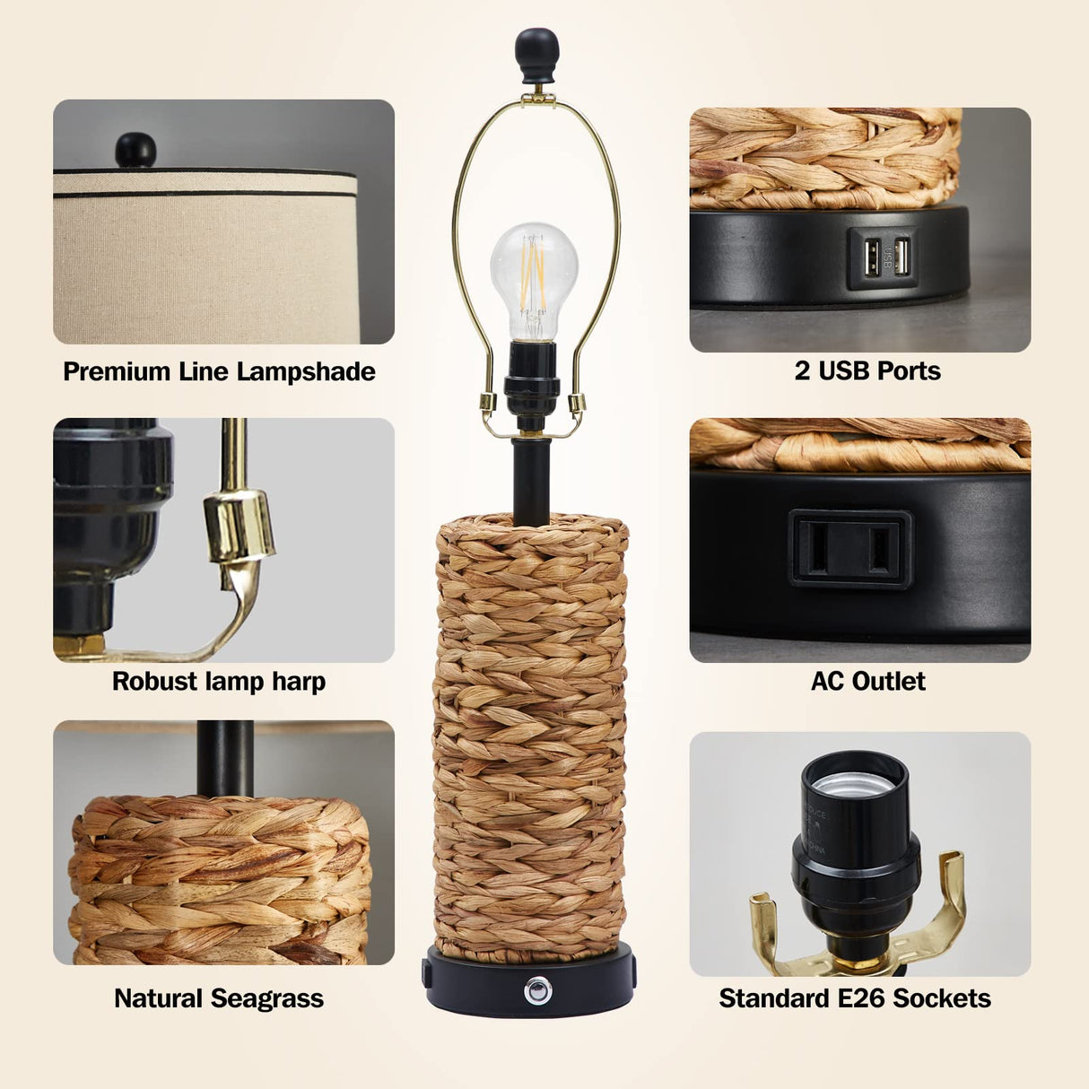 GyroVu Rattan Table Lamp Set of 2, Wicker Lamps, 3 Way Dimmable Touch Seagrass Table lamp with 2 USB Ports and 1 AC Outlet for Bedroom Nightstand Table, Livingroom End Table, Bulbs Include GyroVu