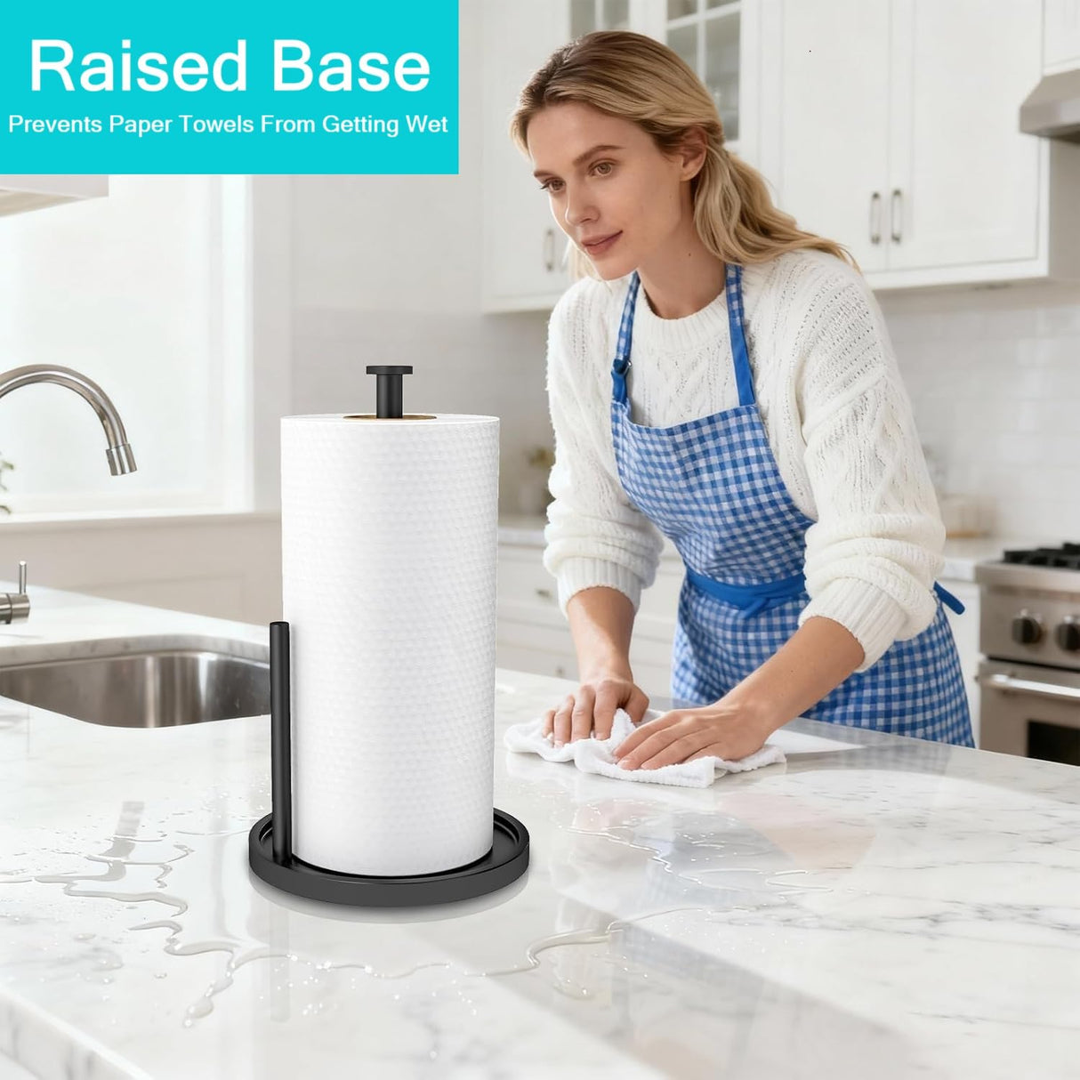 Paper Towel Holder Countertop, Standing Paper Roll Holder with Anti Slip Weighted Base, Stainless Steel Freestanding Paper Towel Holder for Kitchen, Black STWWO