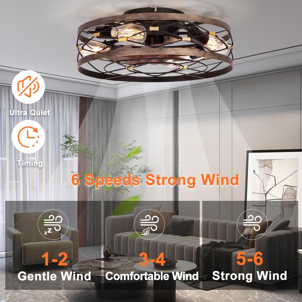 SHLUCE Caged Flush Mount Ceiling Fan with Lights, Farmhouse Rustic Bladeless Ceiling Fans with Lights and Remote, Low Profile Small Fandelier Ceiling Fan with Light for Bedroom, Kitchen, Black SHLUCE