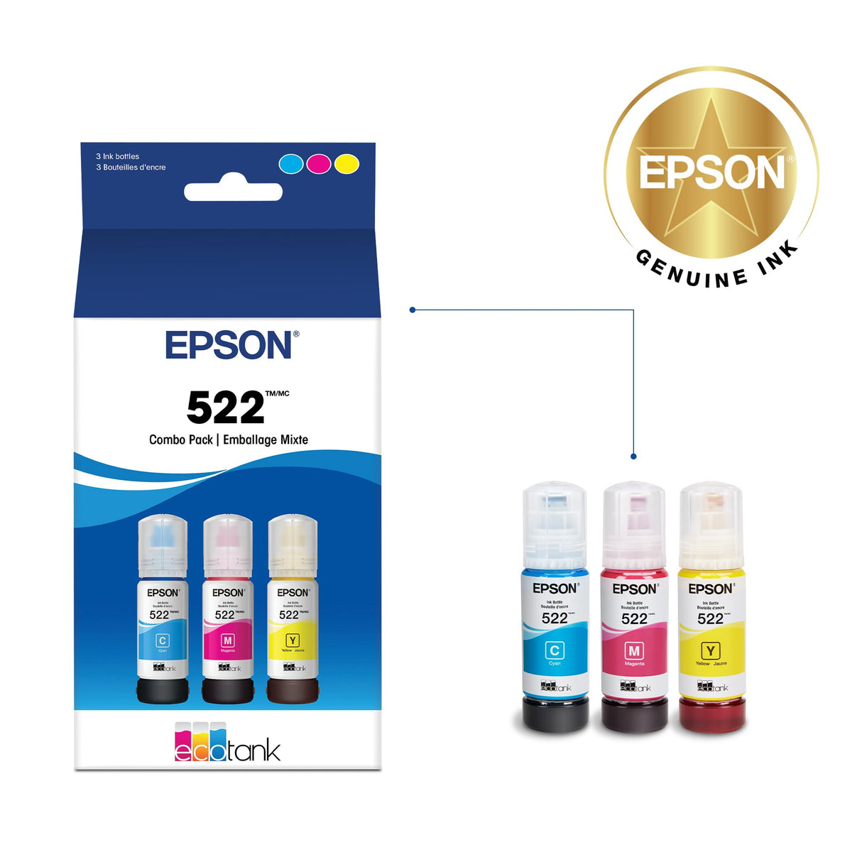 EPSON 522 EcoTank Ink Ultra-high Capacity Bottle Color Combo Pack (T522520-S) Works with EcoTank ET-2720, ET-2800, ET-2803, ET-2840, ET-4700, ET-4800, ET-4810 Epson