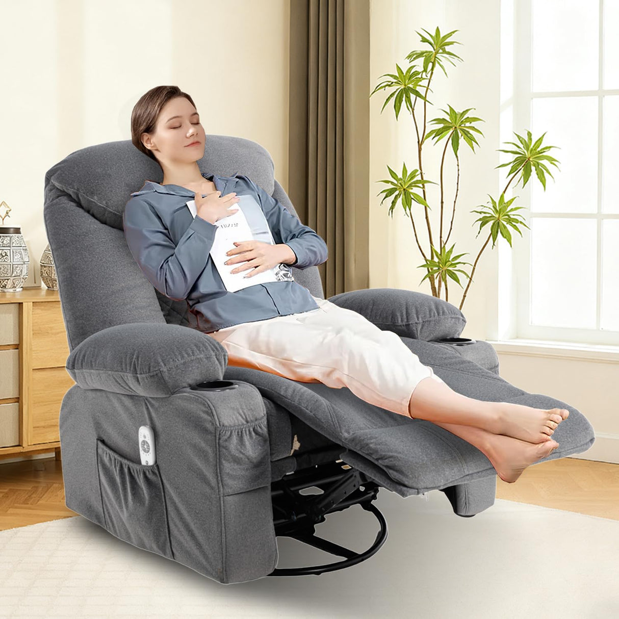 KCREAM Recliner Chair,Rocking Chair with Massage & Heat, 360° Swivel Rocking Chair for Adults, Manual Rocker Recliner with Cup Holders for Living Room, Bedroom, Nursery,Light Gray KCREAM