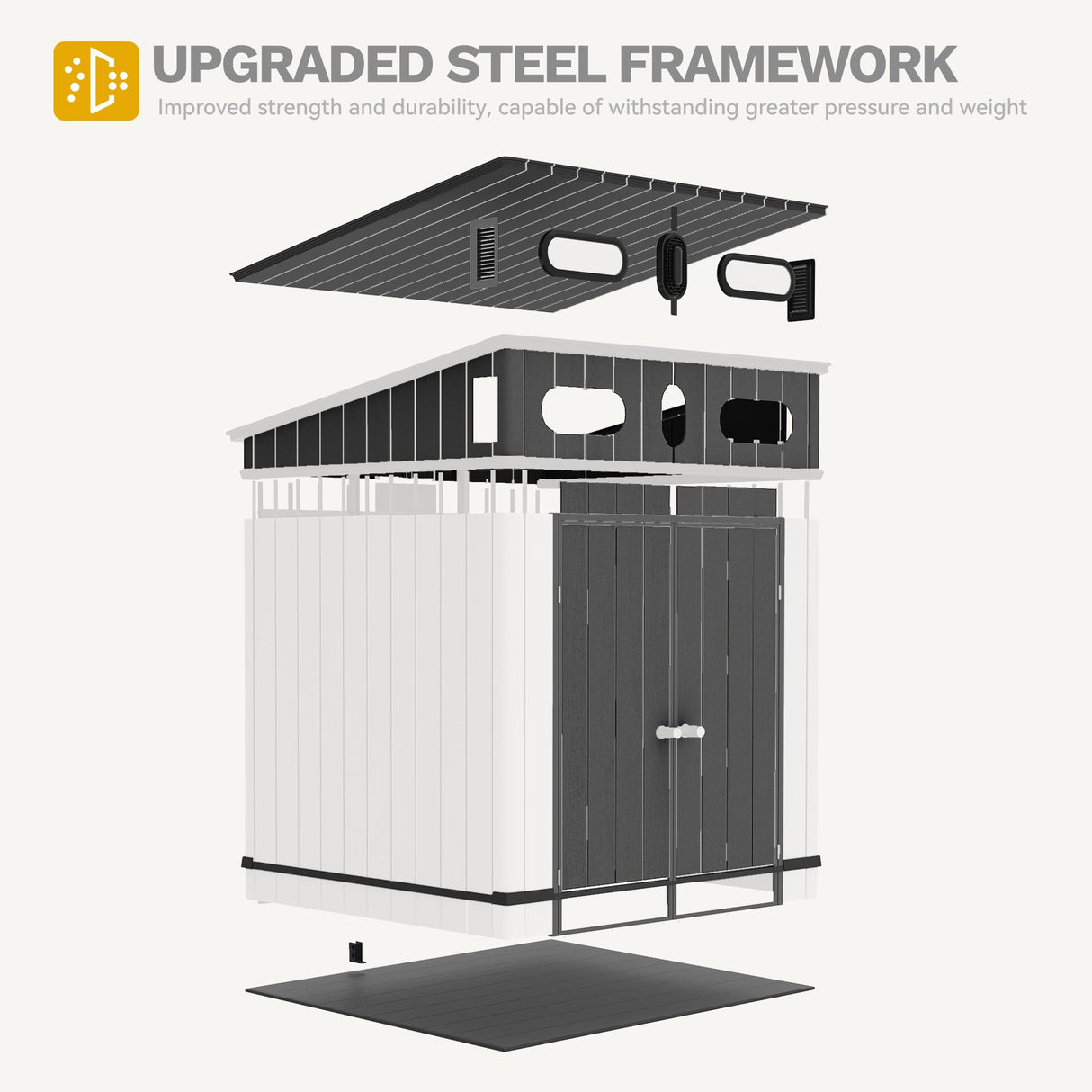 DWVO 6x6 FT Outdoor Storage Shed, All-Weather Resin Garden Tool Shed with Floor & Lockable Door, Plastic Outside Tool Garden Shed with Windows & Vents for Backyard Garden Patio Lawn, Black&Gray DWVO