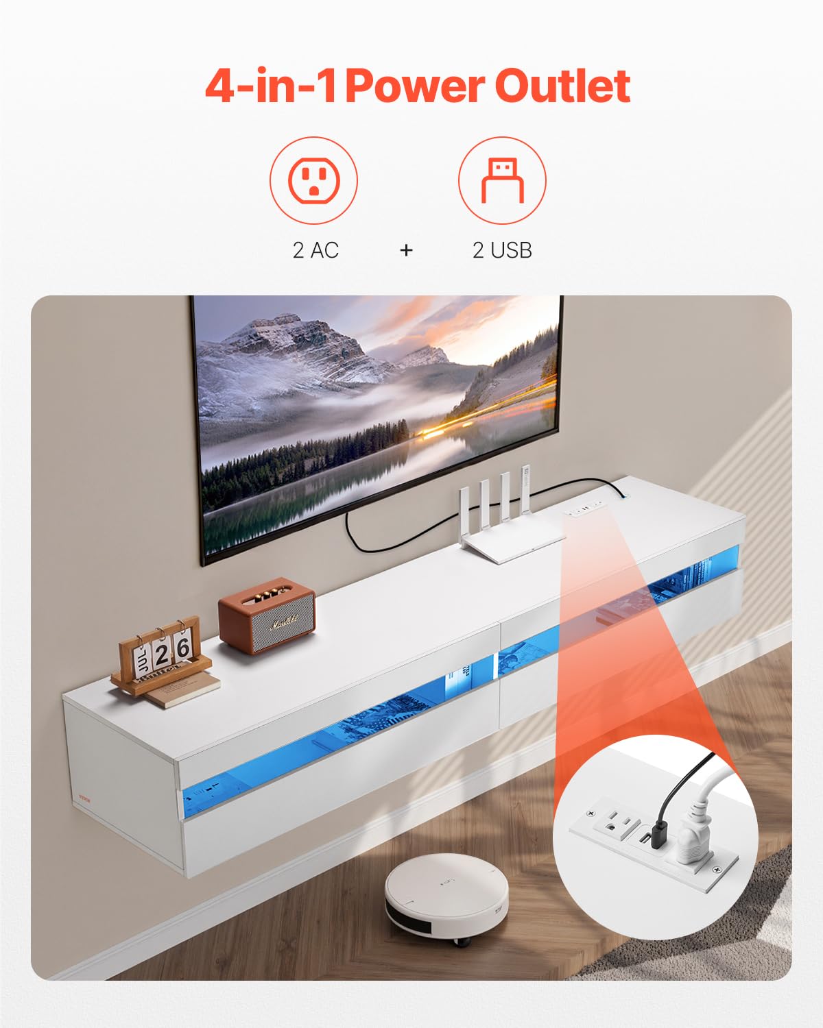 VEVOR Floating TV Stand, 71 in Wall Mount Entertainment Center with Power Outlet & LED Lights, Modern Floating TV Shelf with 2 Drawers & Storage Cabinet for DVD Player, Cable Box, Game Console, White VEVOR