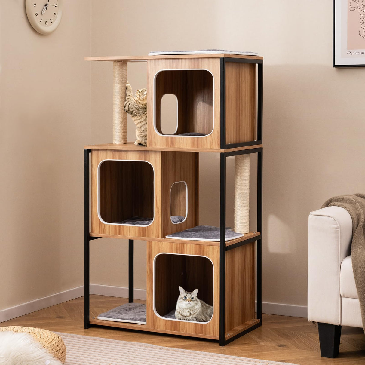 PETSITE 52 Inch Wood Cat Tree for Indoor Cats, Multi-Level Solid Metal Framed Wooden Cat Tower with Sisal Scratching Posts and Pad, 3 Condos, and Top Platform with Cat Hole PETSITE
