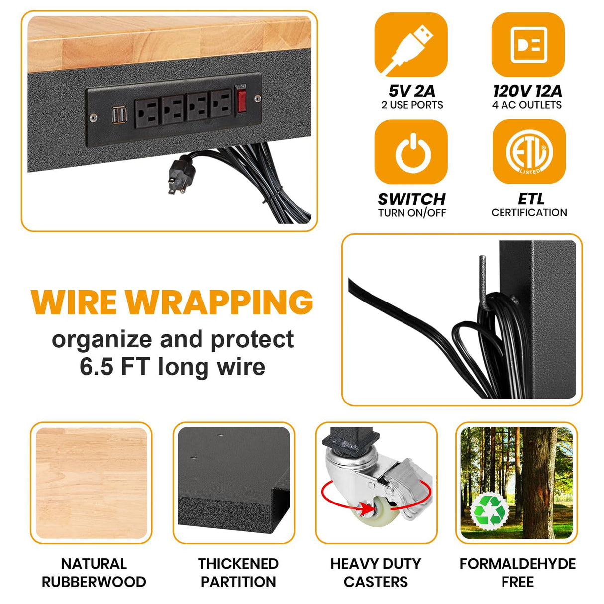 48"/60'' Adjustable Workbench, Rubber Wood Top Work Bench Heavy-Duty Work Table with Power Outlet, Wheels, Partition 2000 LBS Load Capacity Hardwood Work Benches for Garage, Workshop, Home, Office Polar Aurora