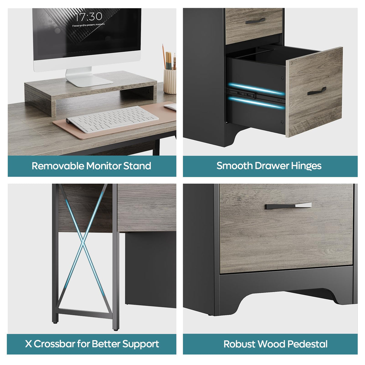 Bestier L Shaped Desk with 4 Drawers, 63" x 47" Executive Desk with Open Storage & Monitor Stand, Corner Desk with 2 File Drawers & Modesty Panel for Home Office, Gray Bestier