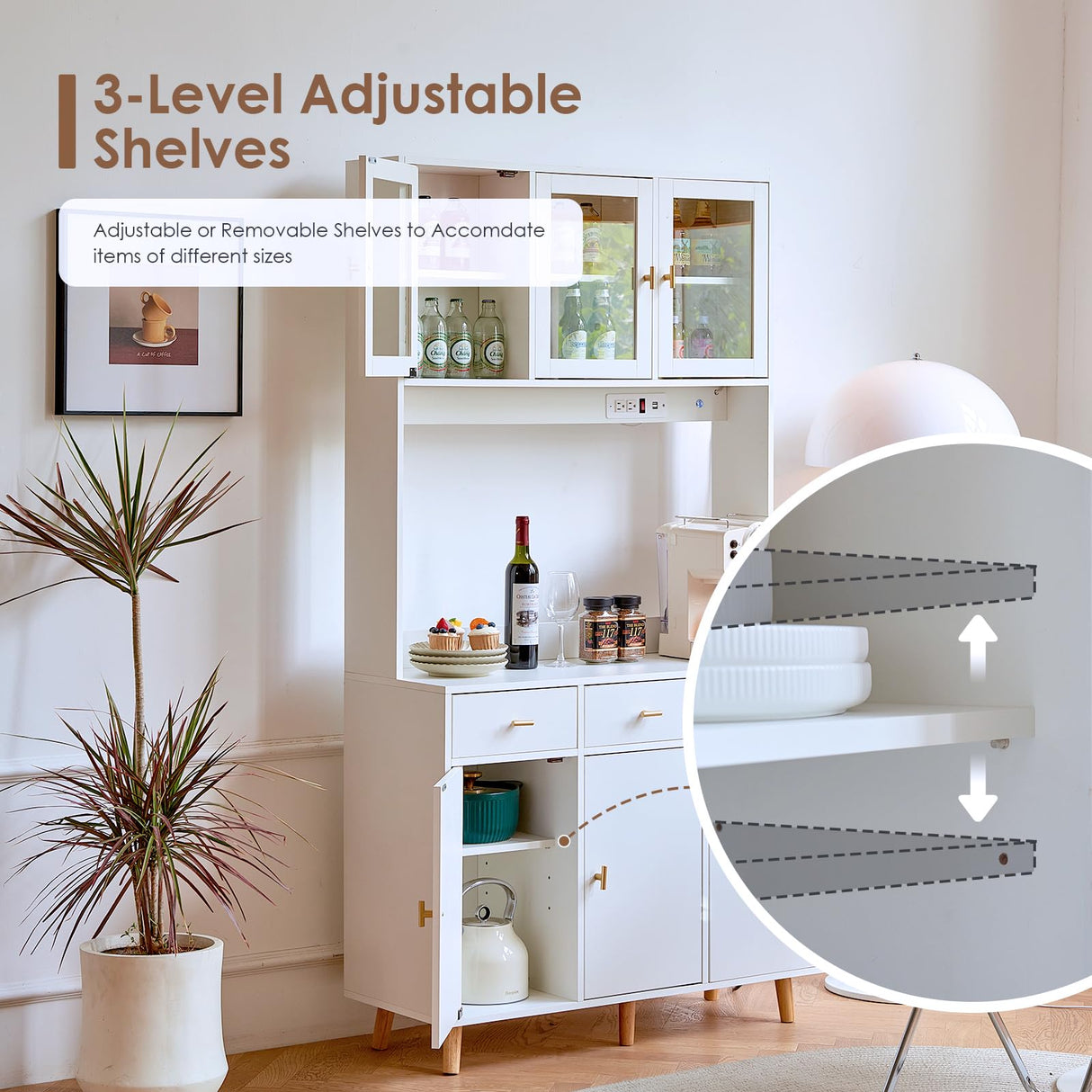 JanflyHome Kitchen Pantry Storage Cabinet with Power Outlet & Light, 73'' Freestanding Hutch Cabinet with Glass Door & Microwave Stand, Tall Cabinet for Dining Room, Adjustable Shelves, White… JanflyHome