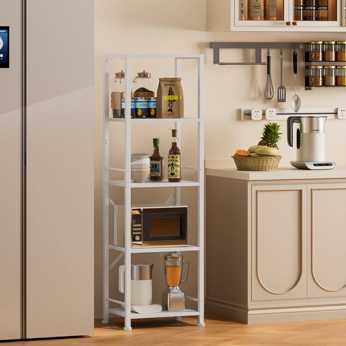 Furologee White Bookshelf 5 Tier Bookcase, Tall Narrow Bookshelves, Modern Freestanding Shelf Units, Metal and Wood Display Storage Corner Shelves Organizer for Bedroom, Living Room, Office, Bathroom Furologee