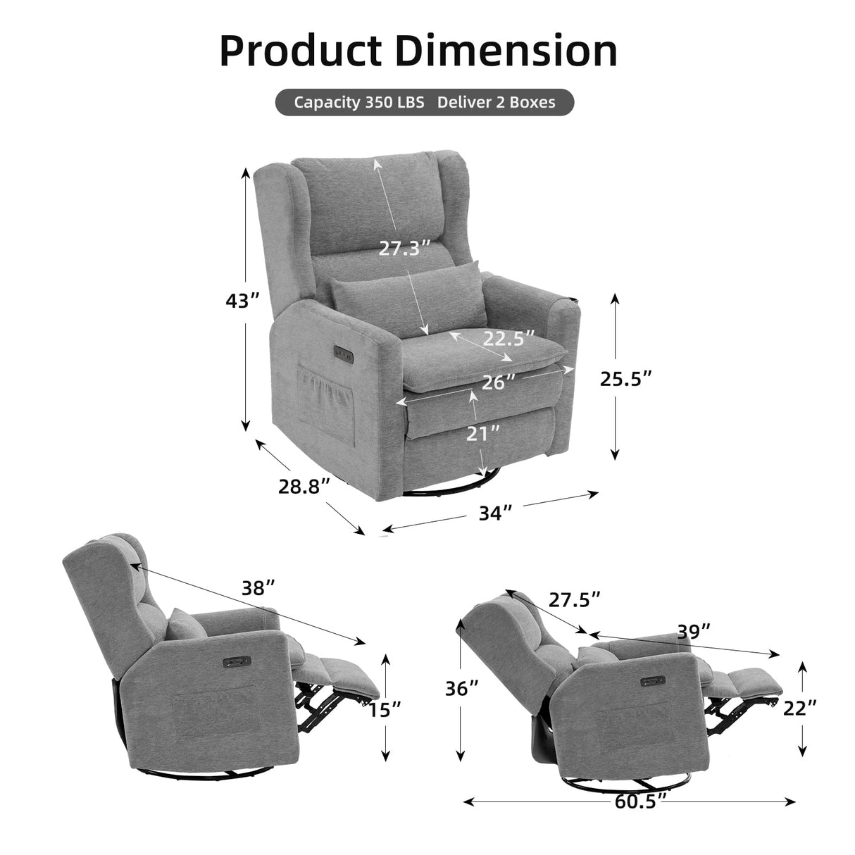 Rhevoy Oversized Swivel Rocker Recliner Chair, 26" Extra Wide Glider Nursery Chair with Adjustable Headrest, Chenille Power Recliner Rocking with Double Cushion, Cup Holder, Grey Rhevoy
