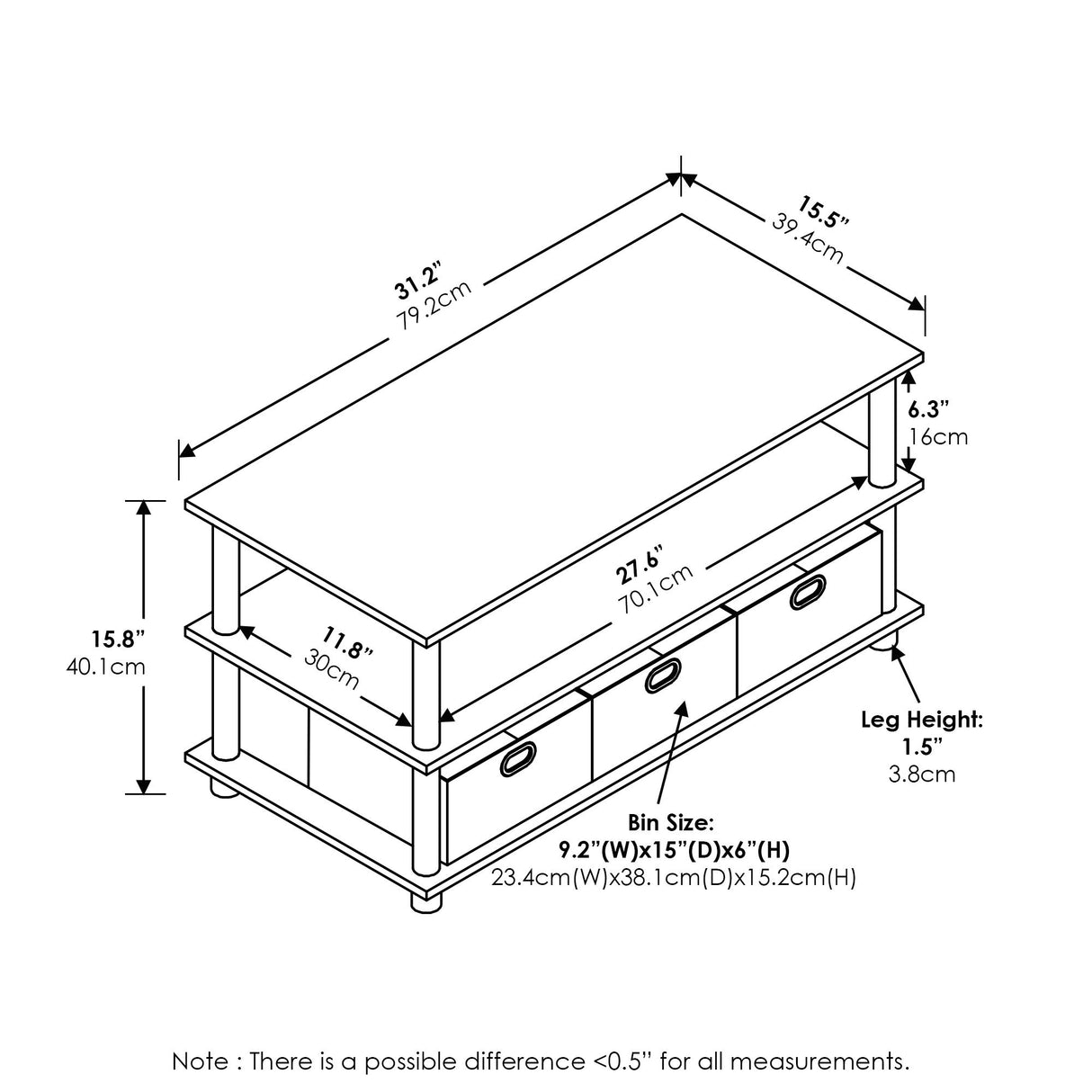 FURINNO Turn-N-Tube Coffee Table, 31.22D x 15.5W x 15.8H in, French Oak Grey/Black/Black Furinno