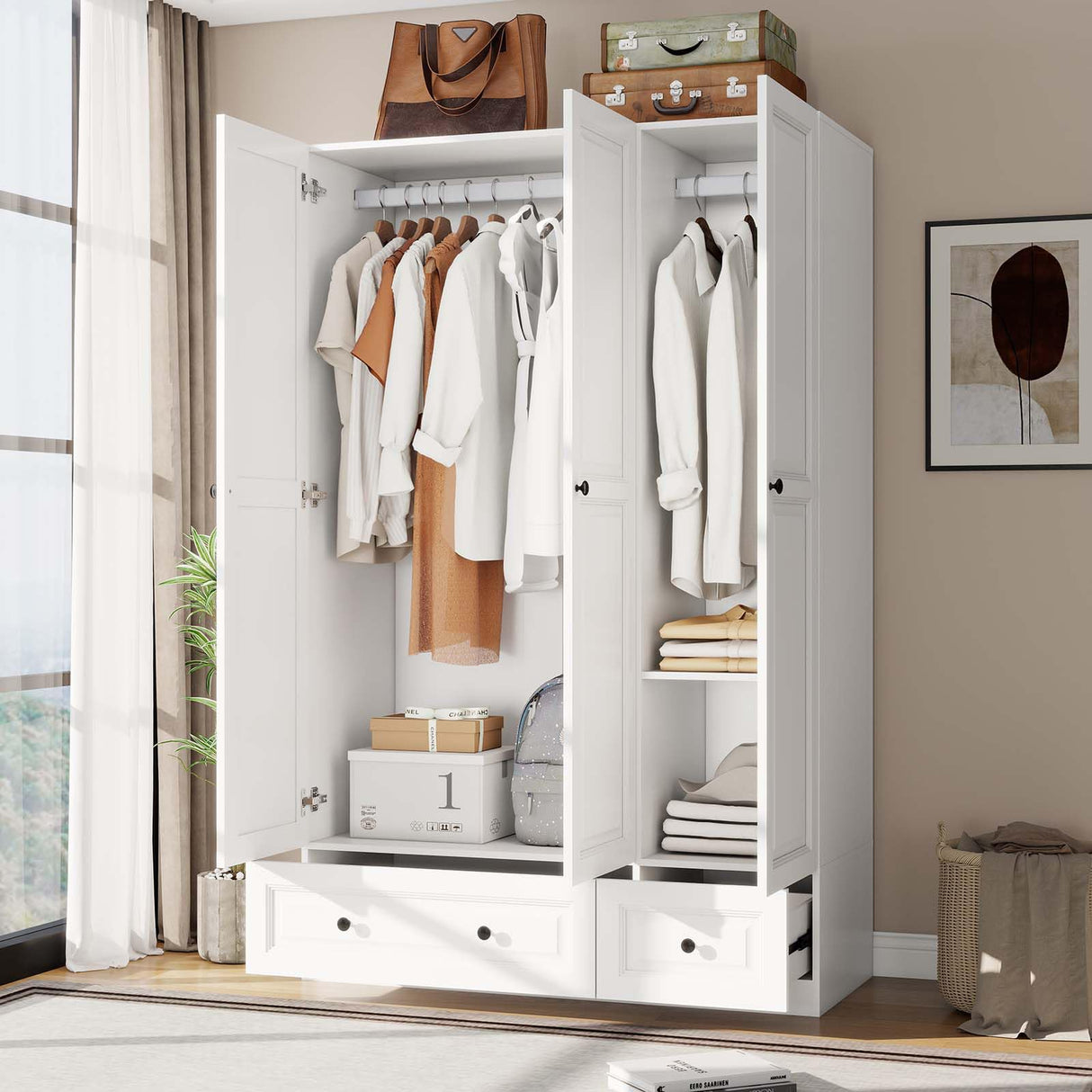 Vrmuxita Armoire Wardrobe Closet with Drawers: 74" White Tall Wooden Wardrobe Closet for Hanging Clothes, Large Bedroom Armoires with 2 Drawers, 3 Door Armoire Storage Cabinet (White, 47") Vrmuxita