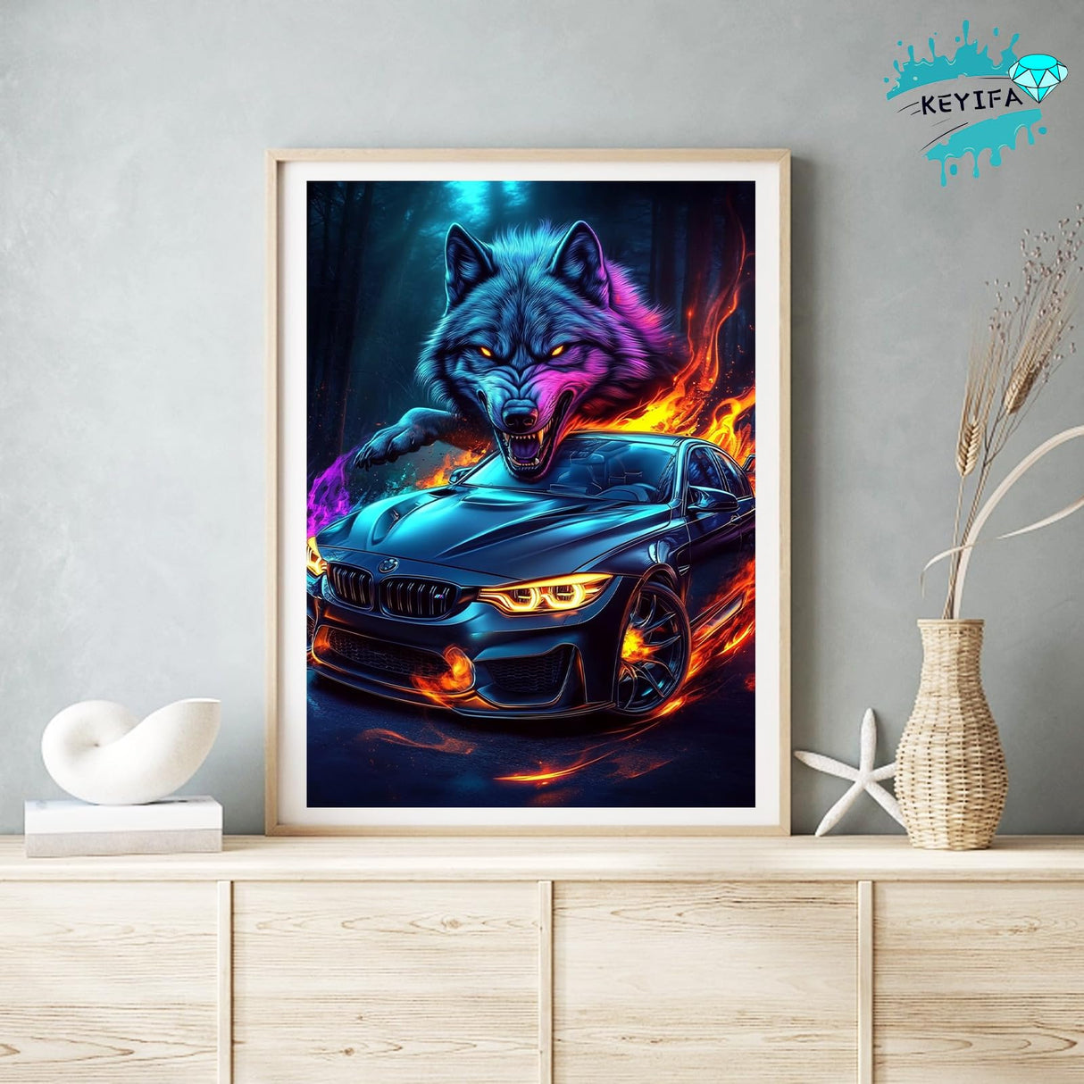 KEYIFA Sports Car Diamond Art Kits, 5D DIY Diamond Painting for Adults, Round Full Drill, Wolf Diamonds Dots Mosaic Painting, Crystal Gem Arts Craft for Home Wall Decor 12x16 in KEYIFA
