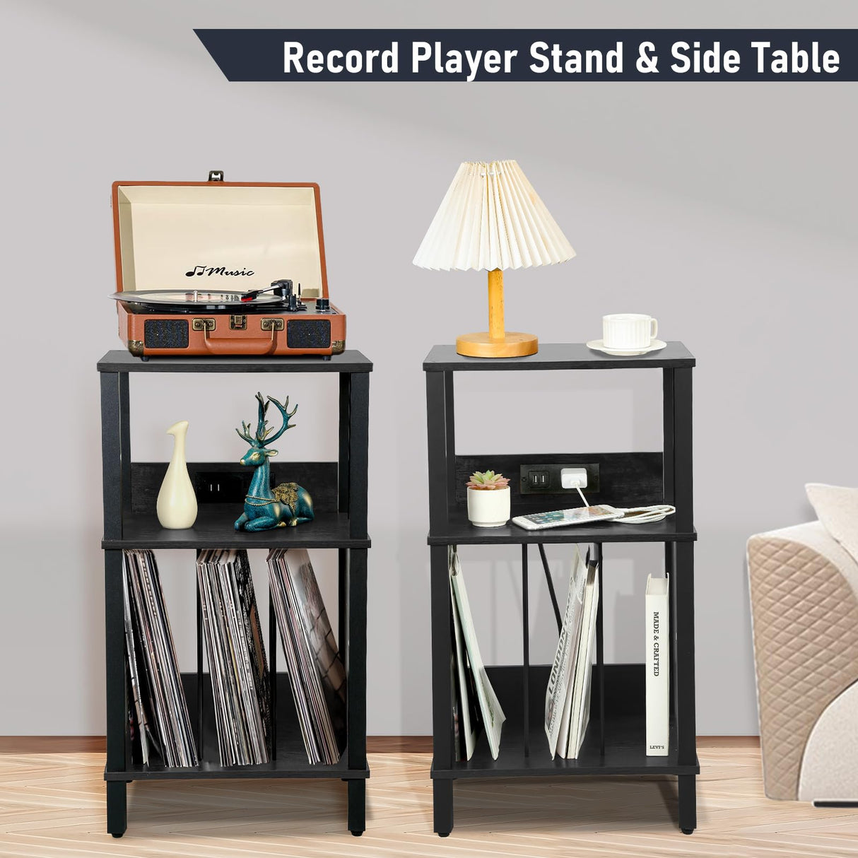 DGSANDGO Record Player Stand with Charging Station, 3 Tier End Table with Vinyl Record Holder, Record Shelf Up to 100 Albums, for Living Room, Bedroom, Office.(Black) DGSANDGO