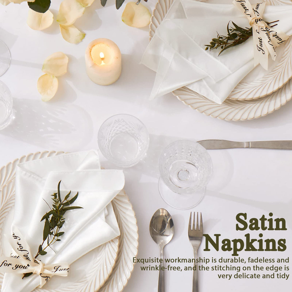 Cobedzy 12 Pack Satin Table Cloth Napkins, 17x17 Inch White Silky Wedding Napkins Cloth Washable, Luxury Dining Table Cloth Napkins Set for Birthday Holiday Party Dinner Restaurant Cobedzy