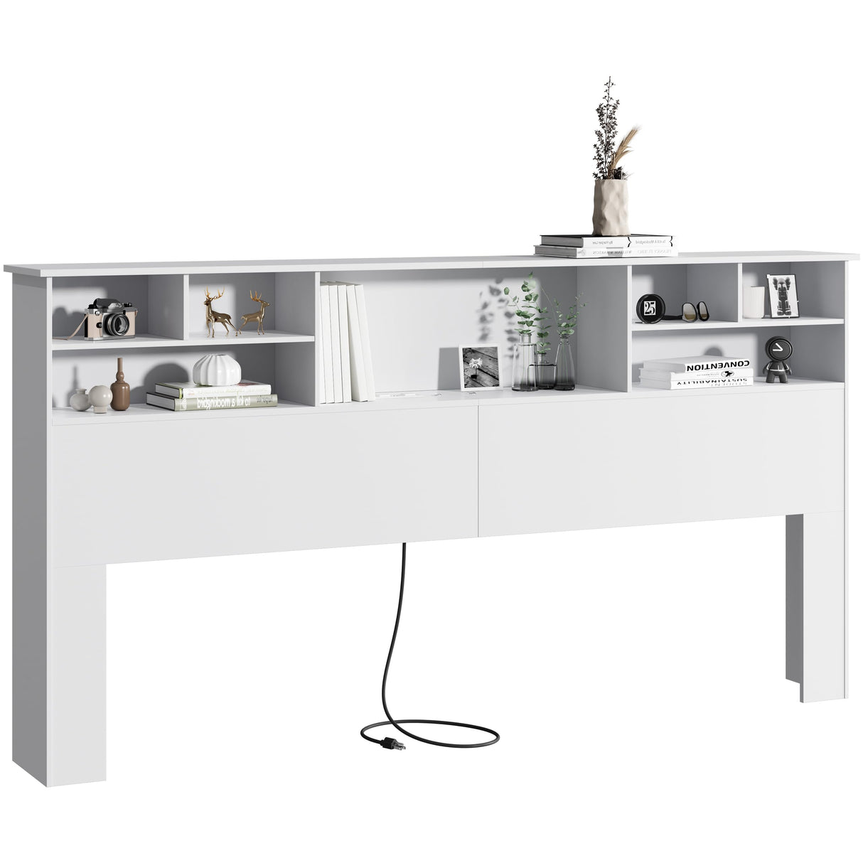 AYEASY King Size Headboard for Bedroom, Stylish Bookcase Headboard with Built-in Charging Station & 2 LED Lights, Engineered Wood Headboard, Noise-Free HeadBoard King Size with Storage, White AYEASY