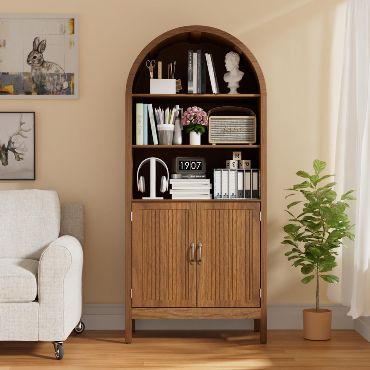 Lxsxlome 70.9" Arched Bookcase Bookshelf with Fluted Doors,5 Tier Mid-Century Modern Bookshelf Storage Cabinet,Wood Standing Tall Bookcase with Open Display Shelf for Home Office Living Room Bedroom Lxsxlome